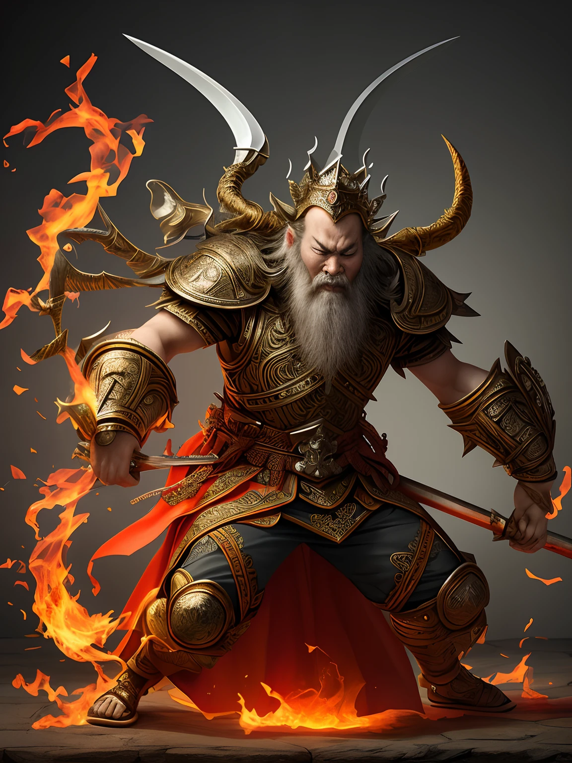 Angry King Ming，Be strong and brave，Canine teeth exposed，Hair stands on end，Eight arms，He had a trident in his hand, Respectively，The sword，pestle，the bow，arrow，hand seal，Each foot is stepped on by a person，The contours of the body are on fire，Hot，Light, an ultrafine detailed painting, Realiy，photorealestic，professional photoshooting，tmasterpiece，超高分辨率，