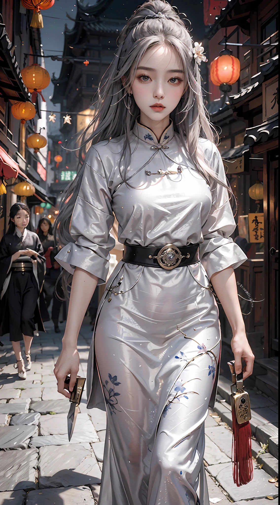 Masterpiece, Best Quality, Night, Full Moon, 1 Girl, Mature Woman, Chinese Style, Ancient China, Sister, Royal Sister, Cold expression, expressionless face, Silver white long haired woman, Light pink lips, Calm, Intellectual, Three belts, Gray pupils, Assassin, Short knife, Flower ball background, Strolling in the street scenery