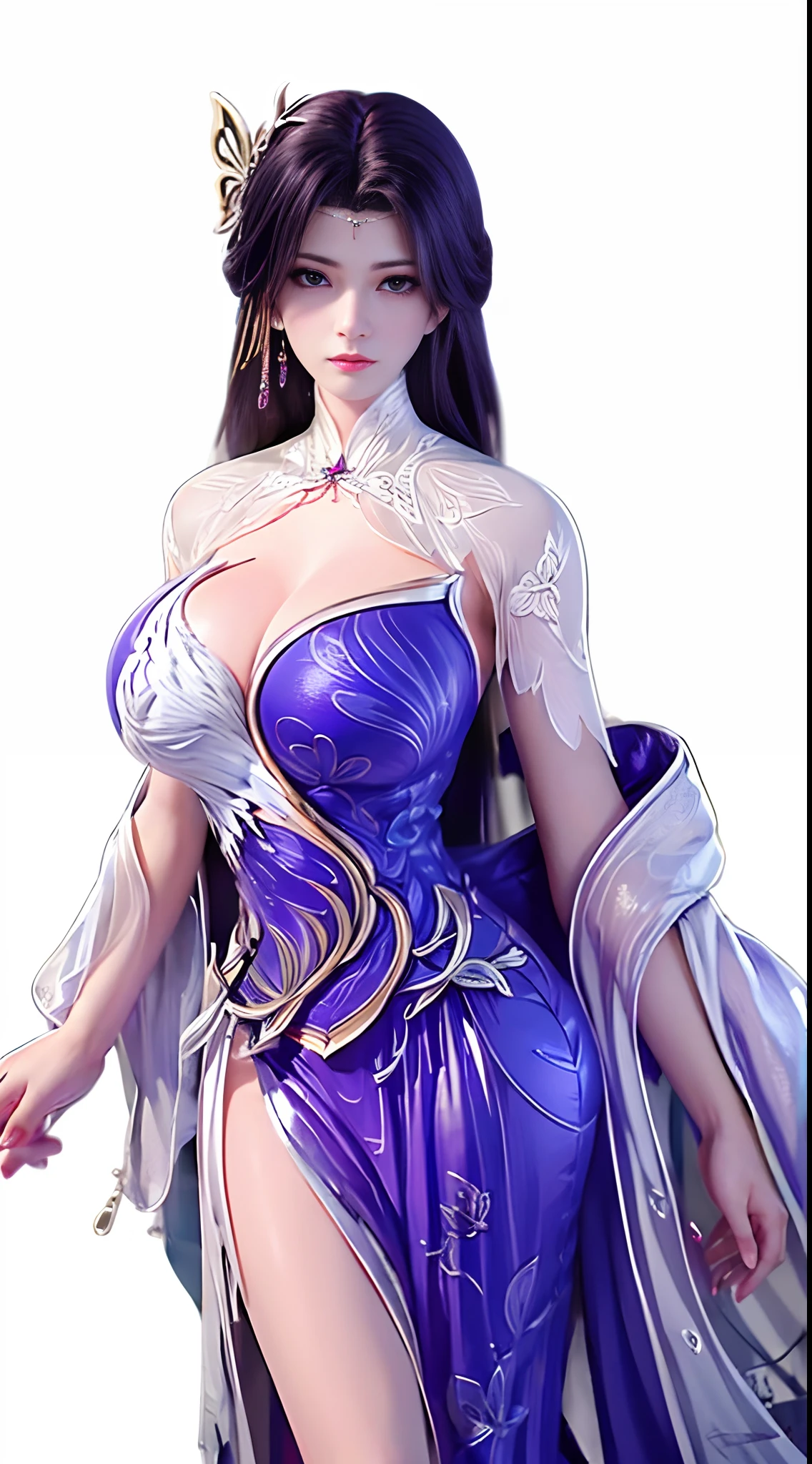 Solo, 1 Beautiful Female, Wuxia World, (1 Girl), (Full figure:1.2), (standing:1.1), (Xiuxian World), (big breasts, round breasts:1.4), (muscle abs), (big buttock:1.1), (shiny skin:1.1), Chinese Immortal Wuxia, (Purple Cross-collared Top, Ancient Long Skirt, Embroidered Cape, Streamer), Brunette Hair, Chinese Coiled Bun, Hairpin, Light Pink Lips, Calm, Intellectual, Delicate Face, Masterpiece, Best Quality, High Quality, High Definition, High Quality Texture, High Quality Shadows, High Detail, Cinematic Light, Side Lighting, Ray Tracing, Sharp Focus, Realistic, Edge Light, Two-tone Light, (Detailed Skin Details: 1.2), 8k uhd, SLR, (soft light, high quality, high resolution:1.7), (very detailed CG unity 8k wallpaper)