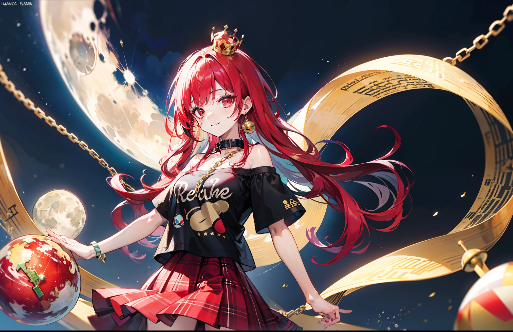 chain,clothes_writing,collar,earth_(ornament),earth_(planet),floating,gold_chain,long_hair,moon_(ornament),multicolored_clothes,multicolored_skirt,off-shoulder_shirt,off_shoulder,plaid,plaid_skirt,planet,polos_crown,red_eyes,red_hair,shirt,skirt,smile,solo,style_parody,t-shirt,transparent_background,hecatia_lapislazuli