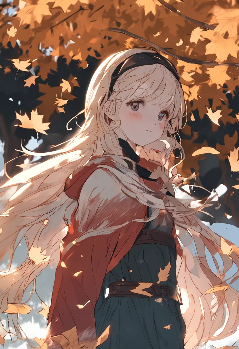 In the maple forest，The girl's expectant eyes，falling leaf，light wind