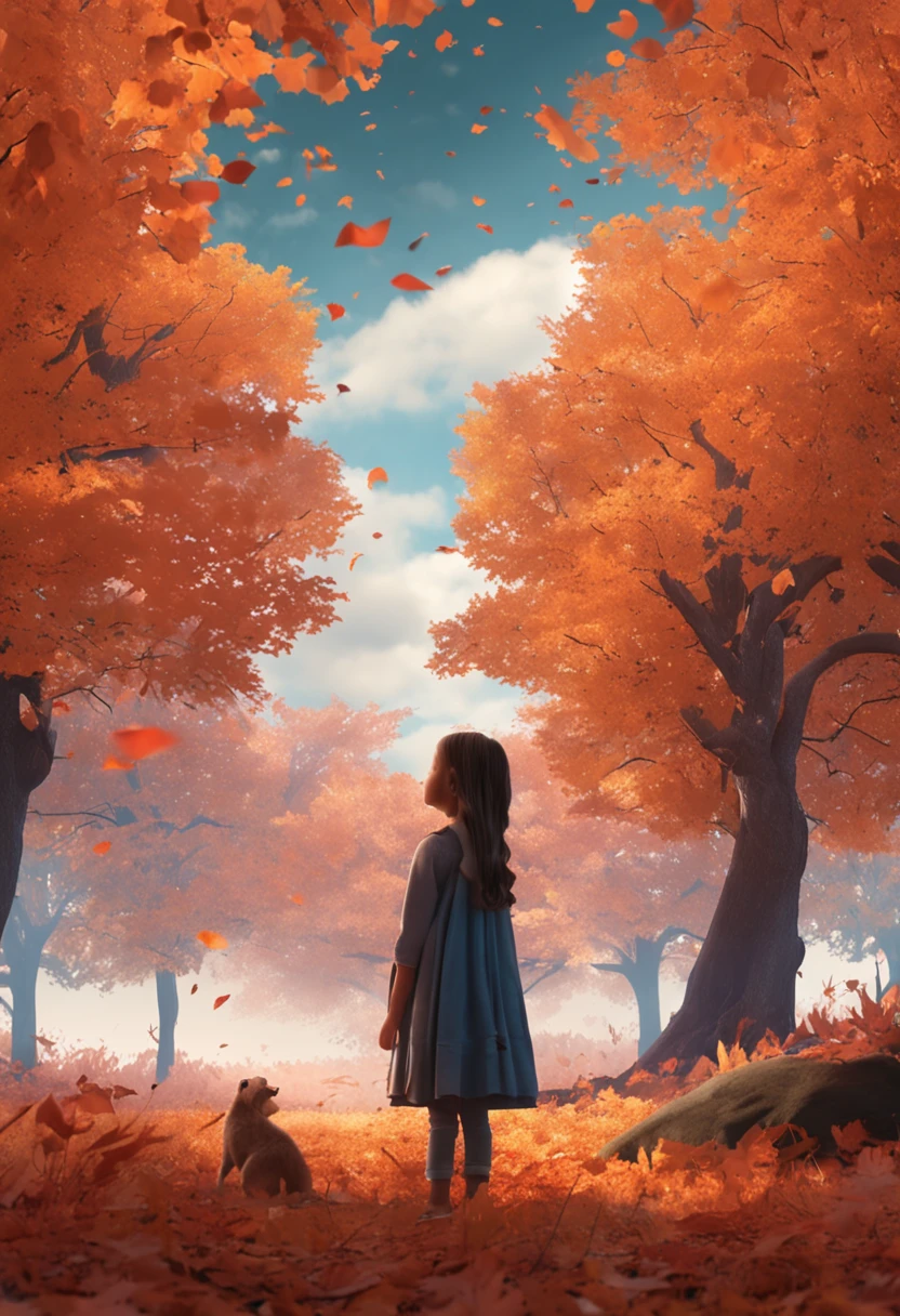 In the maple forest,The girl's expectant eyes,falling leaf,light wind