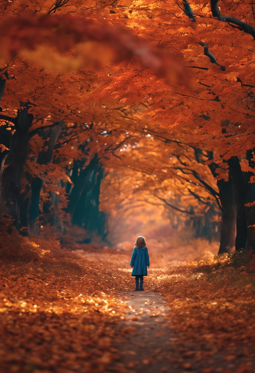 In the maple forest，The girl's expectant eyes，falling leaf，light wind