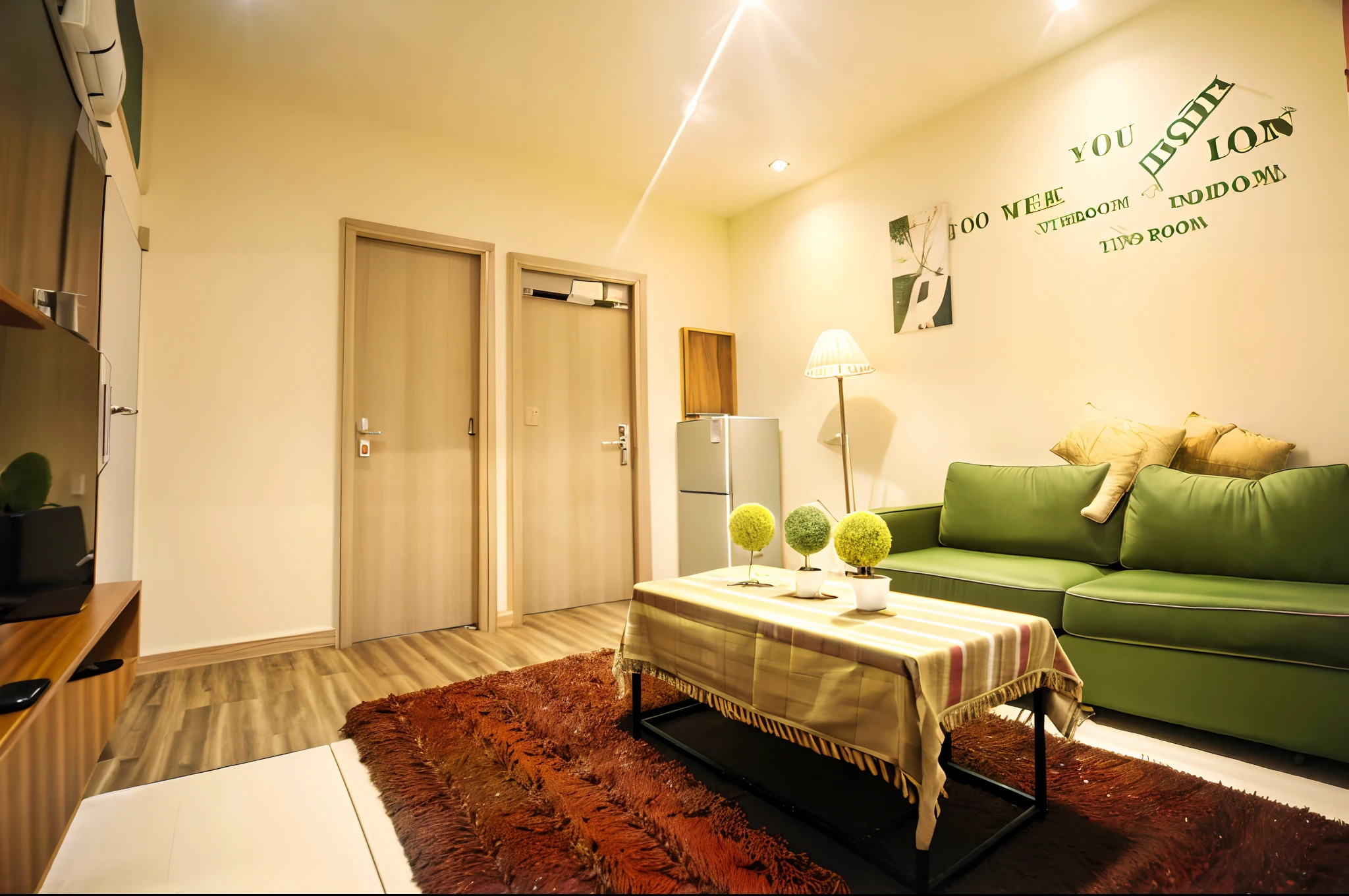 The room had a green sofa and a coffee table, indoor room, room interior, furnished room, VIP Lounges, taken with canon 8 0 d, lisses!!, interior of a small room, low light room, room interior, slick design, brightly lit - style atmosphere, studio room, room interior, Whole room, ji-min