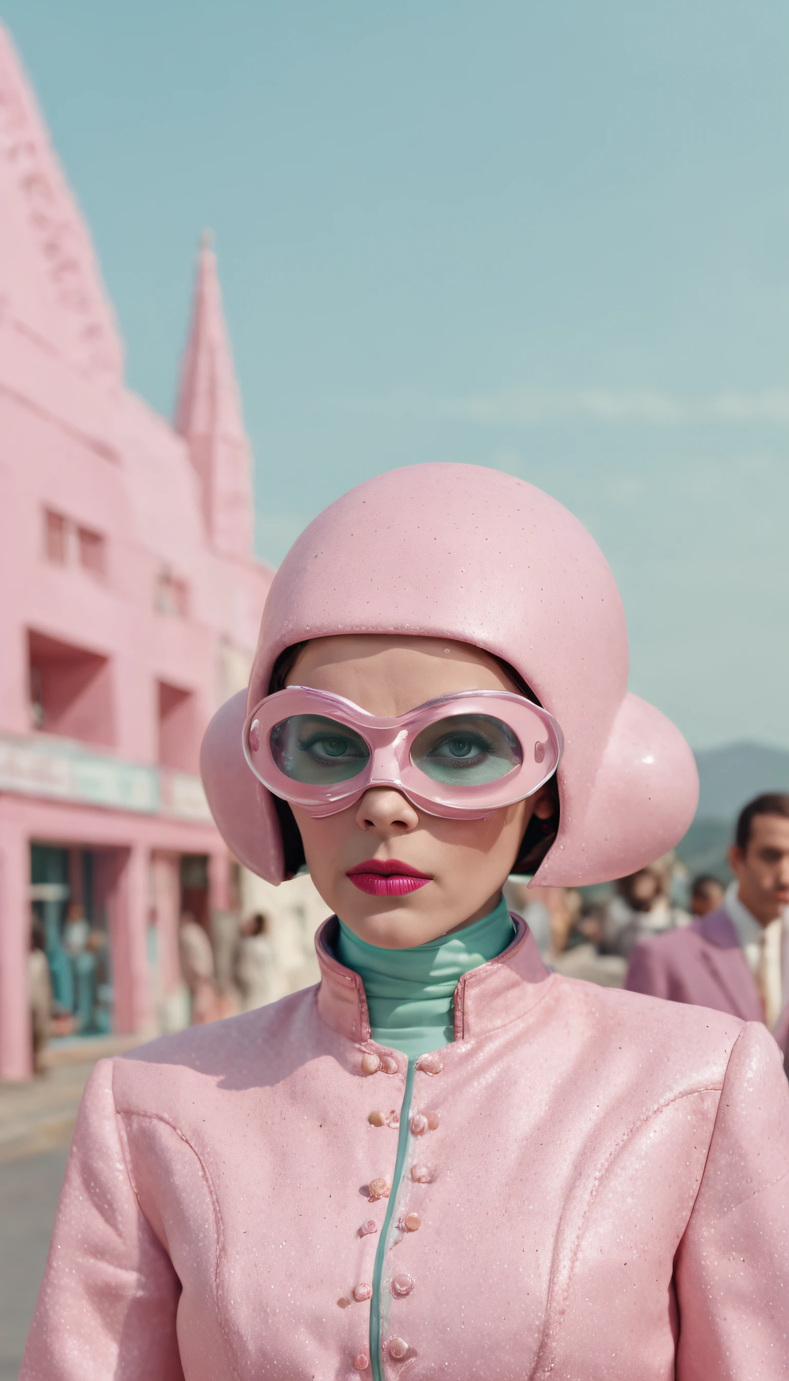 8k portrait of a 1960s science fiction film by Wes Anderson, Vogue anos 1960, pink pastel colors, amarelo, azul, verde, There are people wearing weird futuristic chameleon masks and wearing extravagant retro fashion outfits and men and women wearing alien makeup and old ornaments with mechanical pets in town, Luz Natural, Psicodelia, futurista estranho, fotorrealista, hiper detalhado, foco nítido, Intrinsic, Fuji filmes 55mm,