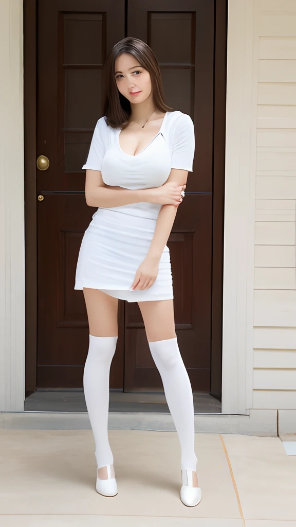 （（midynight， best qualtiy， 8k， tmasterpiece ：1.3））， full bodyesbian， long leges， Sharp focus ：1.2， A beautiful woman with a perfect figure ：1.4， Slender abs ：1.1， （（dark brown  hair， gigantic cleavage breasts ：1.2））， （Clear T-shirt， white stockings，Detail toes， standing on your feet：1.2）， （Bedrooms， Hotel：1.3））， Highly Detailed Face and Skin Textur， Fine Eye， 二重まぶた