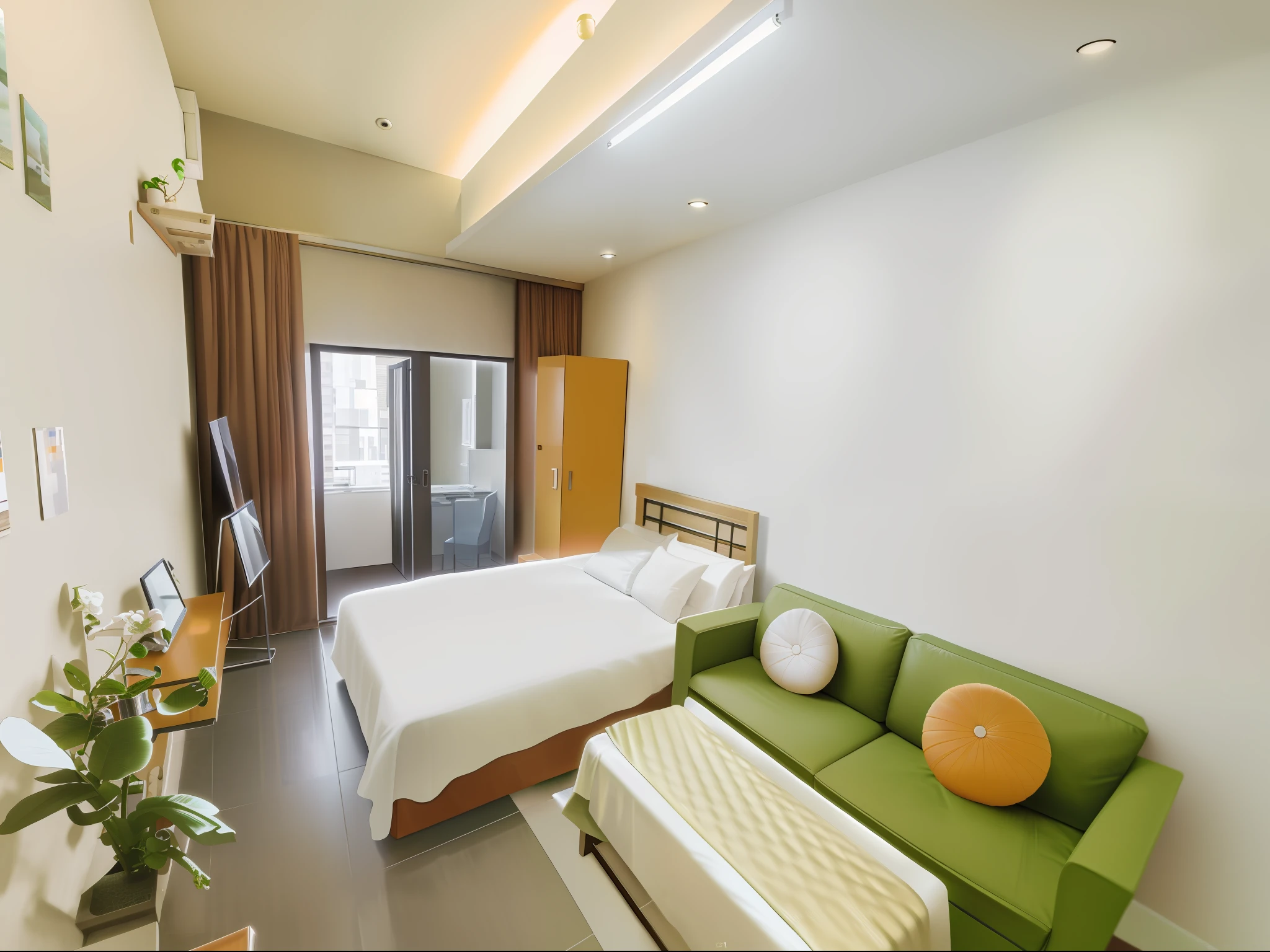 There is a green sofa in the room with bed and window, with backdrop of natural light, taken with canon 8 0 d, natural light in room, furnished room, Bed room, Large room, filled with natural light, photograph taken in 2 0 2 0, taken with sony alpha 9, full device, taken with a Sony A7R camera