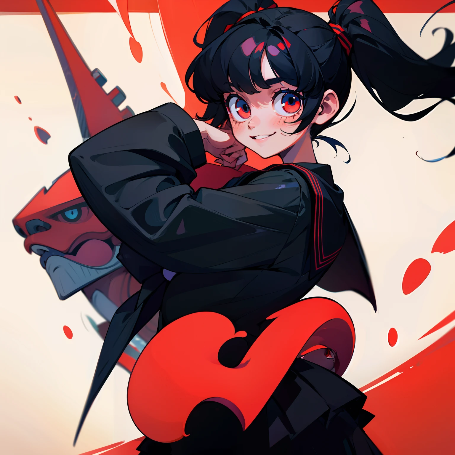 A cute girl with double ponytails,black color hair,red color eyes,ssmile,a sailor suit