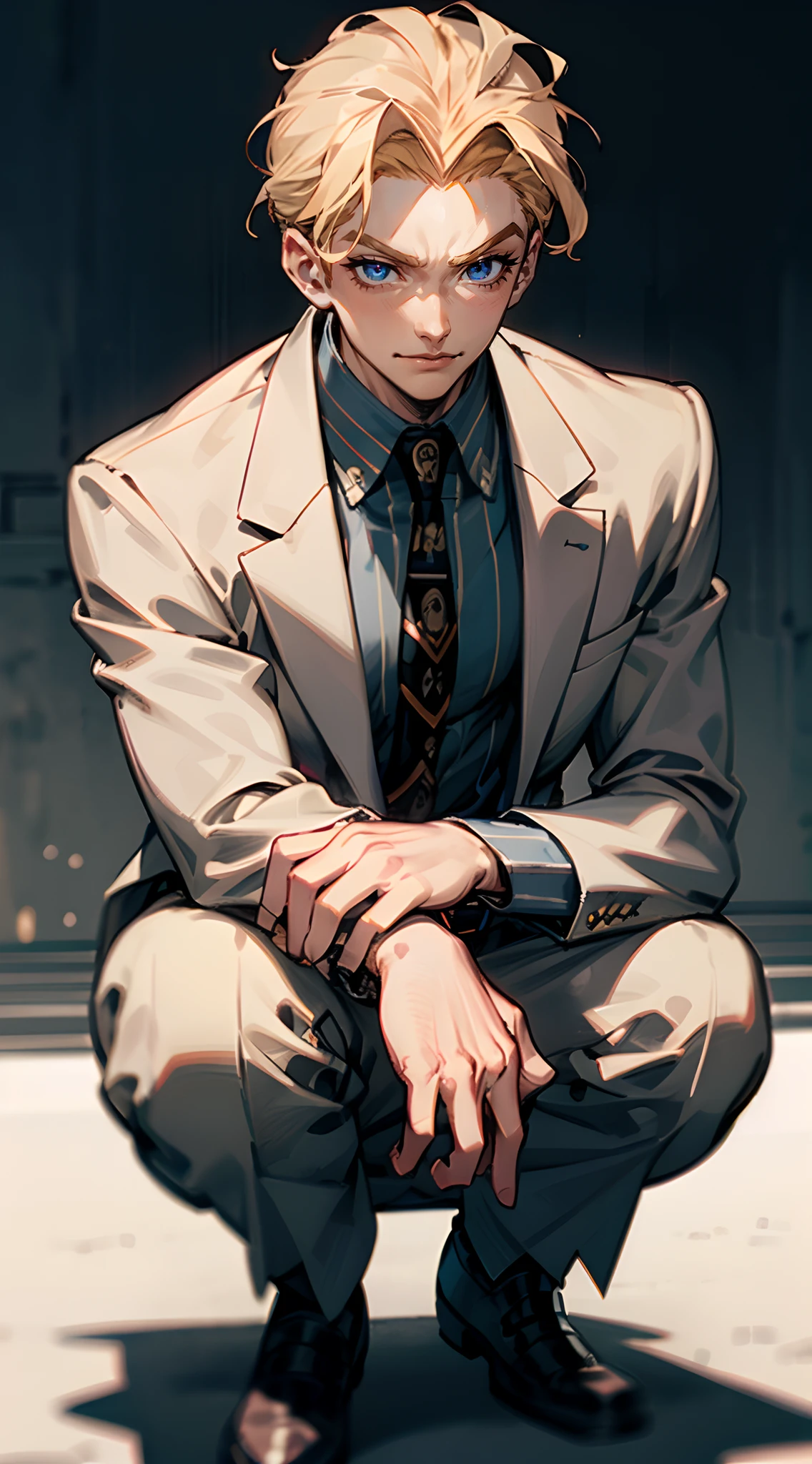 kirayoshikage, kira yoshikage, 1boy, blonde hair, short hair, mature male, cheekbones, purple eyes,
BREAK belt, formal, necktie, shoes, suit,,
BREAK looking at viewer, smirking
BREAK outdoors, park,
BREAK (masterpiece:1.2), best quality, high resolution, unity 8k wallpaper, (illustration:0.8), (beautiful detailed eyes:1.6), extremely detailed face, perfect lighting, extremely detailed CG, (perfect hands, perfect anatomy), squatting