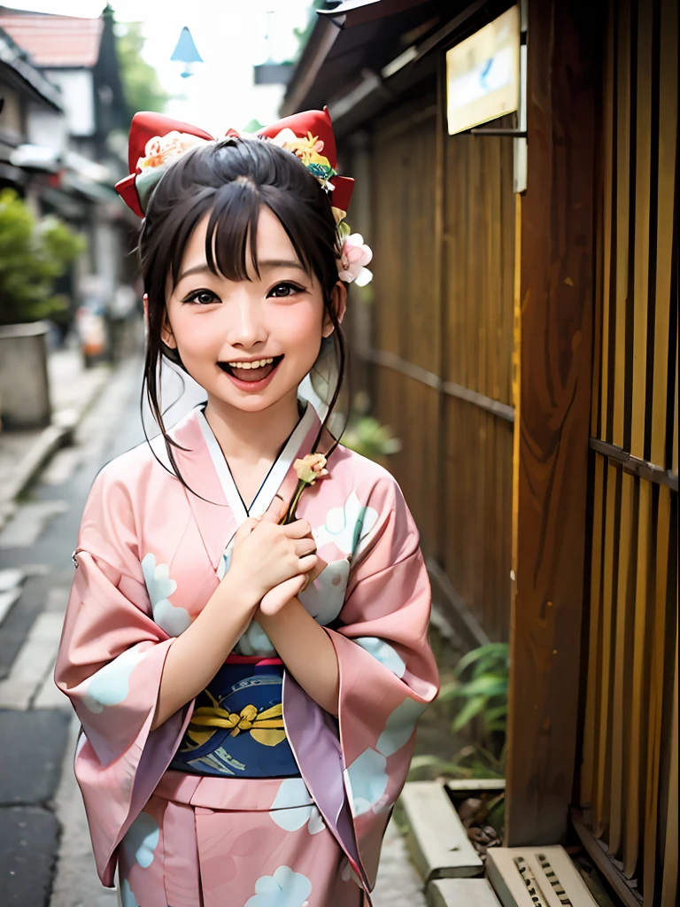 (​masterpiece)Kimono standing on the nostalgic old Japan townscape,A girl in a yukata is laughing,The eyes are big and cute,Small cute lips,Hair looks like a Japan doll