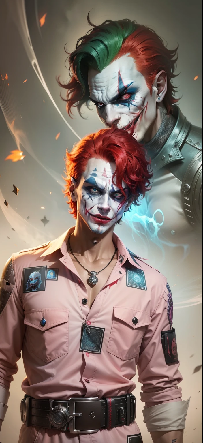 Boy With handphone futuristic Devi background realistic joker face , bule red hair ultra high quality HD