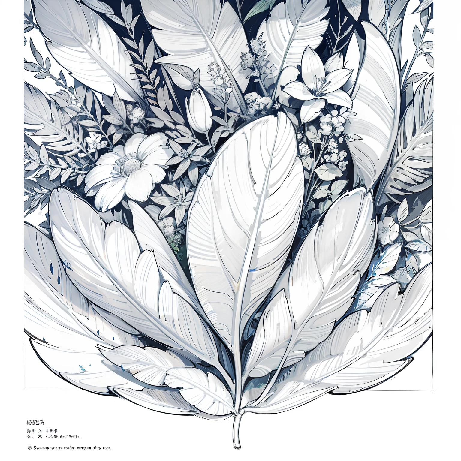 Black and white painting of wreaths and leaves, Coloring - in sheets, Botanical Poster, Full-page illustration, Highly detailed strokes, Large leaf, Botanical leaves, Clean ink drawing detail lines, Very detailed strokes, Large leaf, Very detailed leaves., Detailed plants, Flowers and leaves, Line job description, Wired work, Insanely detailed lines