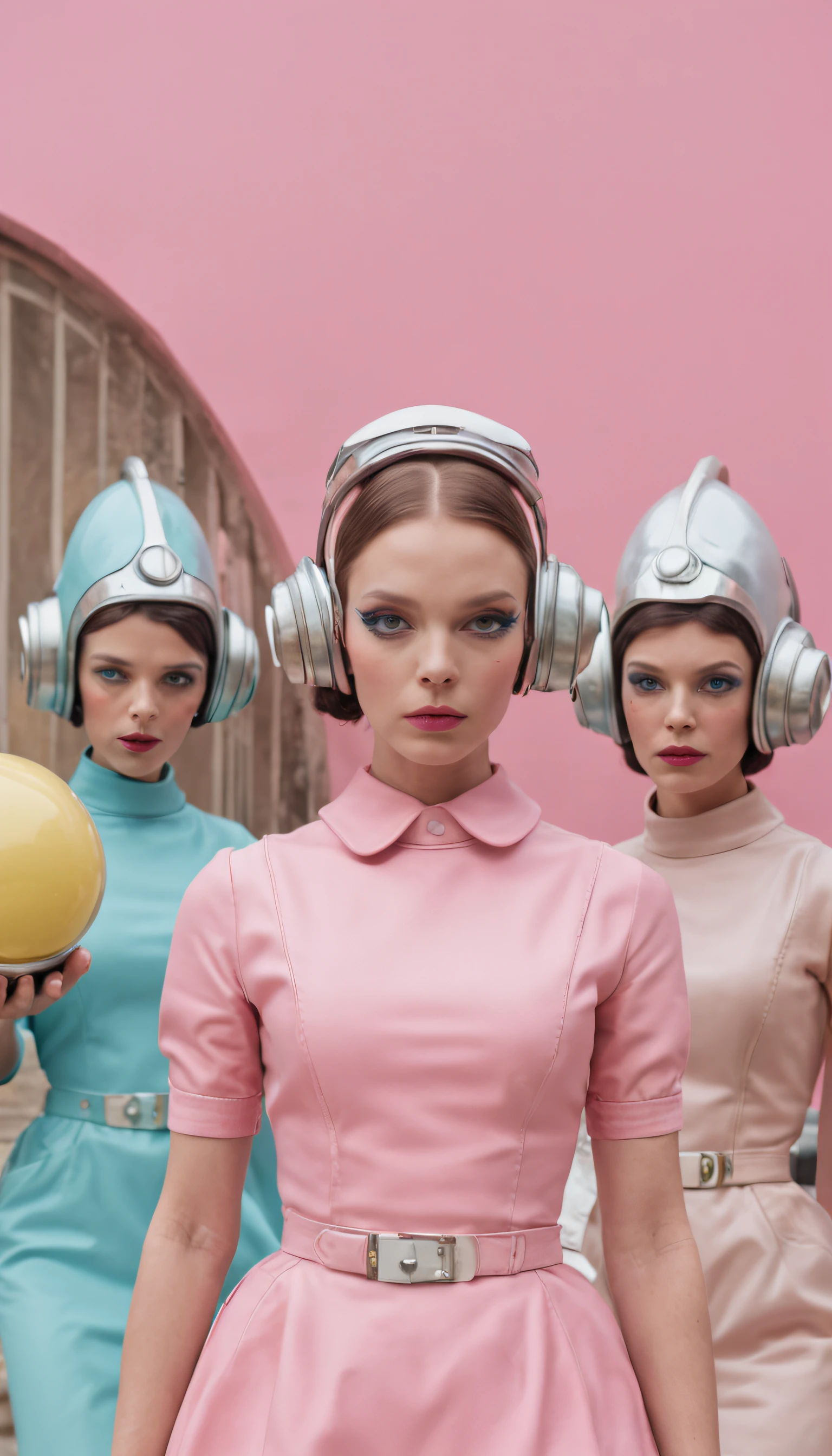 8k portrait of a 1960s science fiction film by Wes Anderson, Vogue anos 1960, pink pastel colors, amarelo, azul, verde, There are people wearing weird futuristic chameleon masks and wearing extravagant retro fashion outfits and men and women wearing alien makeup and old ornaments with mechanical pets in town, Luz Natural, Psicodelia, futurista estranho, fotorrealista, hiper detalhado, foco nítido, Intrinsic, Fuji filmes 55mm,