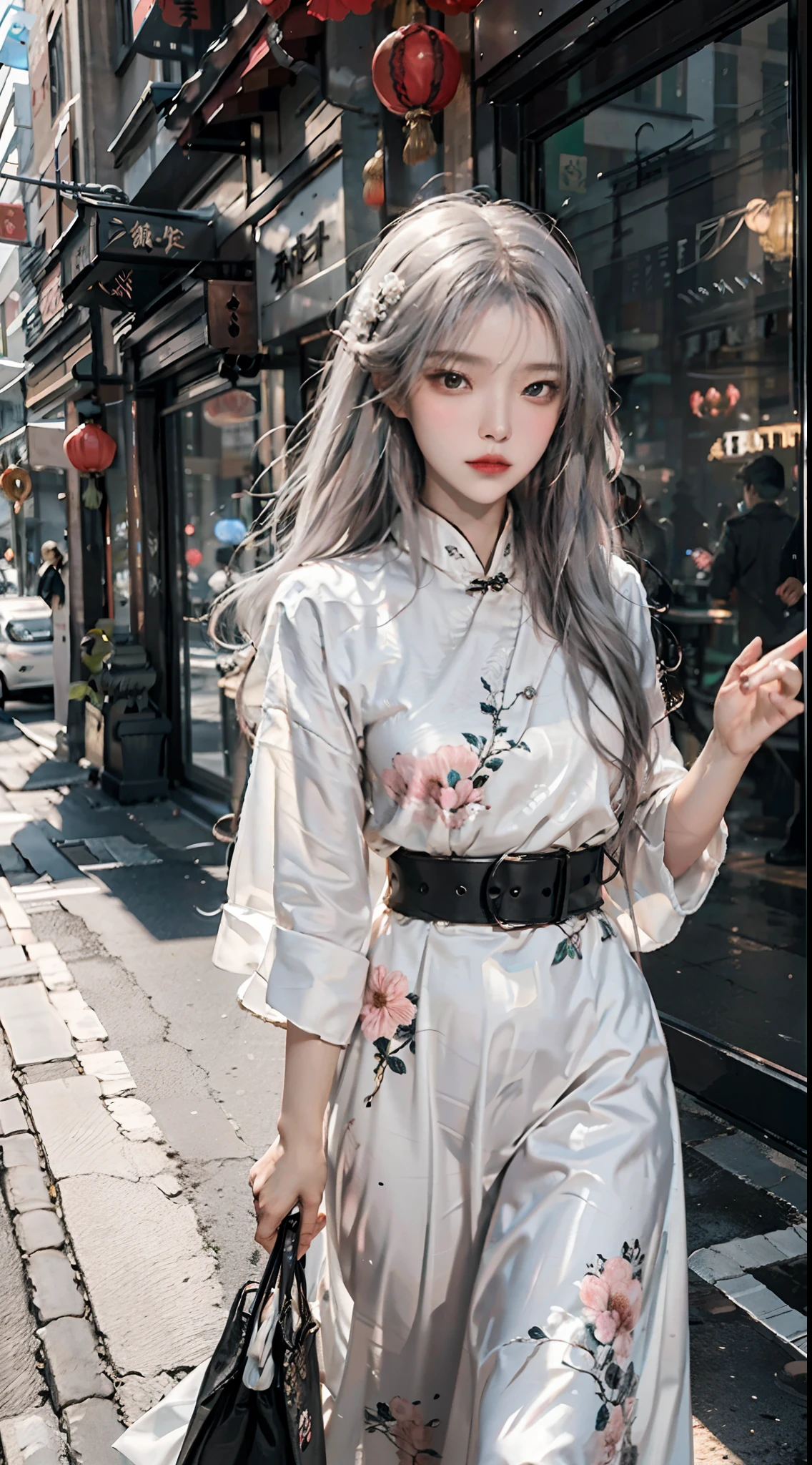 Masterpiece, Best Quality, Night, Full Moon, 1 Girl, Mature Woman, Chinese Style, Ancient China, Sister, Royal Sister, Cold expression, expressionless face, Silver white long haired woman, Light pink lips, Calm, Intellectual, Three belts, Gray pupils, Assassin, Short knife, Flower ball background, Strolling in the street scenery