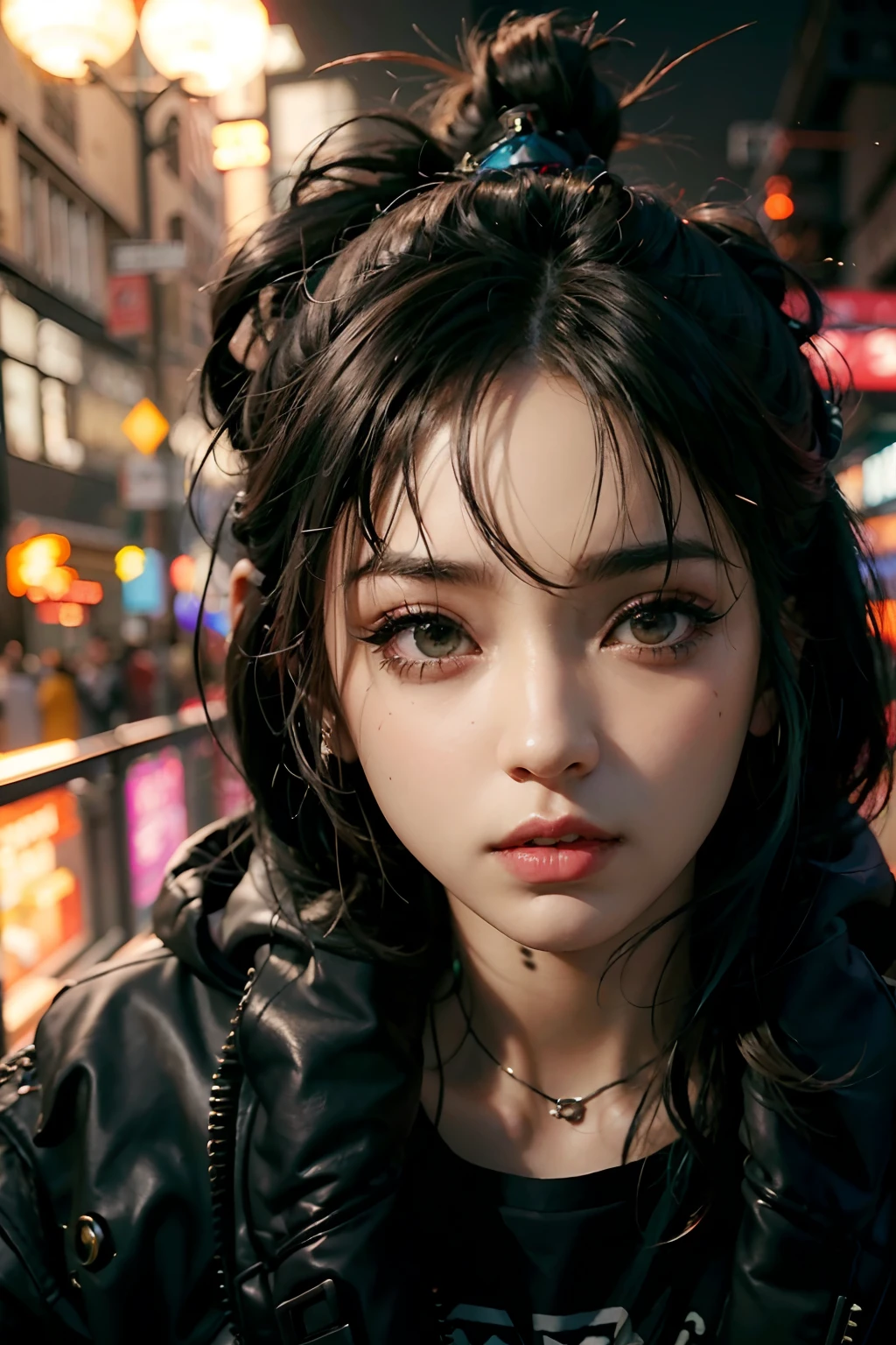 Mujer con cabello negro y piercings de pie en una calle de la ciudad, Estilo cyberpunk hiperrealista, Hermosa cara de chica cyberpunk, Arte cyberpunk ultrarrealista 8K, El retrato de la chica cyberpunk, Estilo cyberpunk ， Hiperrealista, Retrato cyberpunk, Cyberpunk hermosa chica, Estilo de arte cyberpunk, dreamy cyberpunk girl, Chica cyberpunk, Cara cyberpunk, Chica de anime cyberpunk, Pintura digital cyberpunk, Arte de anime cyberpunk