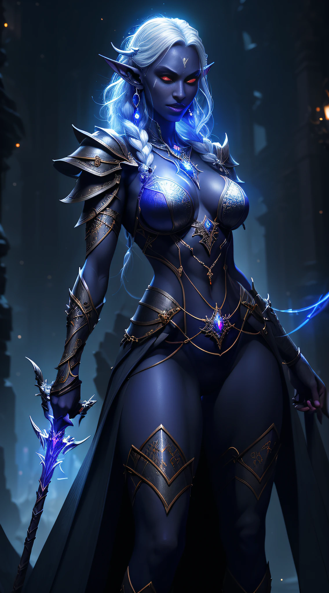 1girl, sexy drow, dark purple-blue skin, pale silver long elaborate braids, ((red eyes)), jewels, elf ears, earrings, ((white sorceress armor)), ((wields staff)), ((cast light magic)), on a roof of scyscraper, athletic, volumetric lighting, best quality, masterpiece, realistic, anatomically correct, (strong cinematic lighting), stunning details, intricate details, 8k post-production, High resolution, super details, trending on ArtStation, sharp focus, depth of field f/1.8, studio photos, (((looking at camera)))