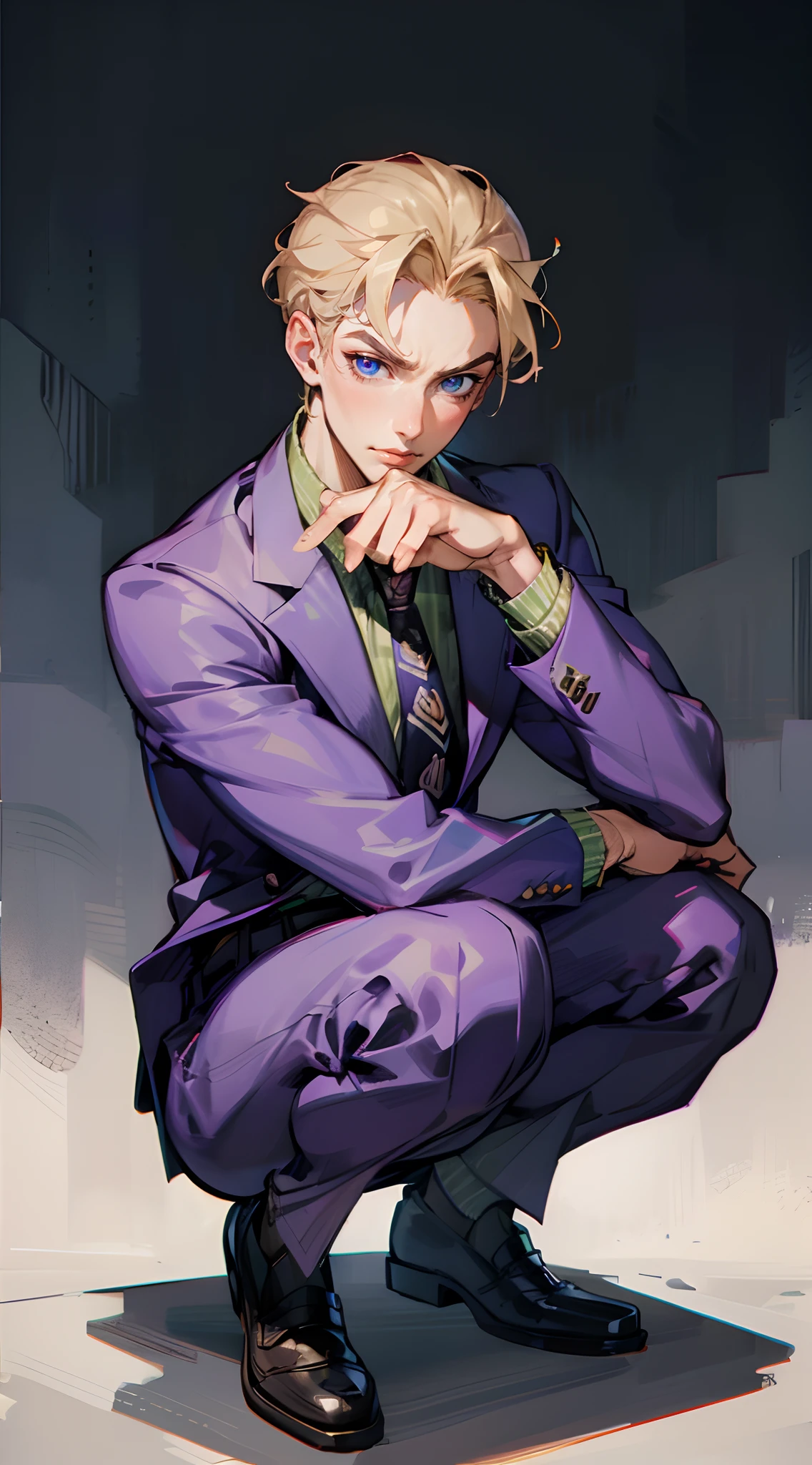 kirayoshikage, kira yoshikage, 1boy, blonde hair, short hair, mature male, cheekbones, purple eyes,
BREAK belt, formal, necktie, shoes, suit,,
BREAK looking at viewer, smirking
BREAK outdoors, park,
BREAK (masterpiece:1.2), best quality, high resolution, unity 8k wallpaper, (illustration:0.8), (beautiful detailed eyes:1.6), extremely detailed face, perfect lighting, extremely detailed CG, (perfect hands, perfect anatomy), squatting