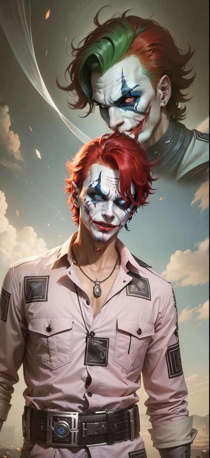 Boy With handphone futuristic Devi background realistic joker face , bule red hair ultra high quality HD