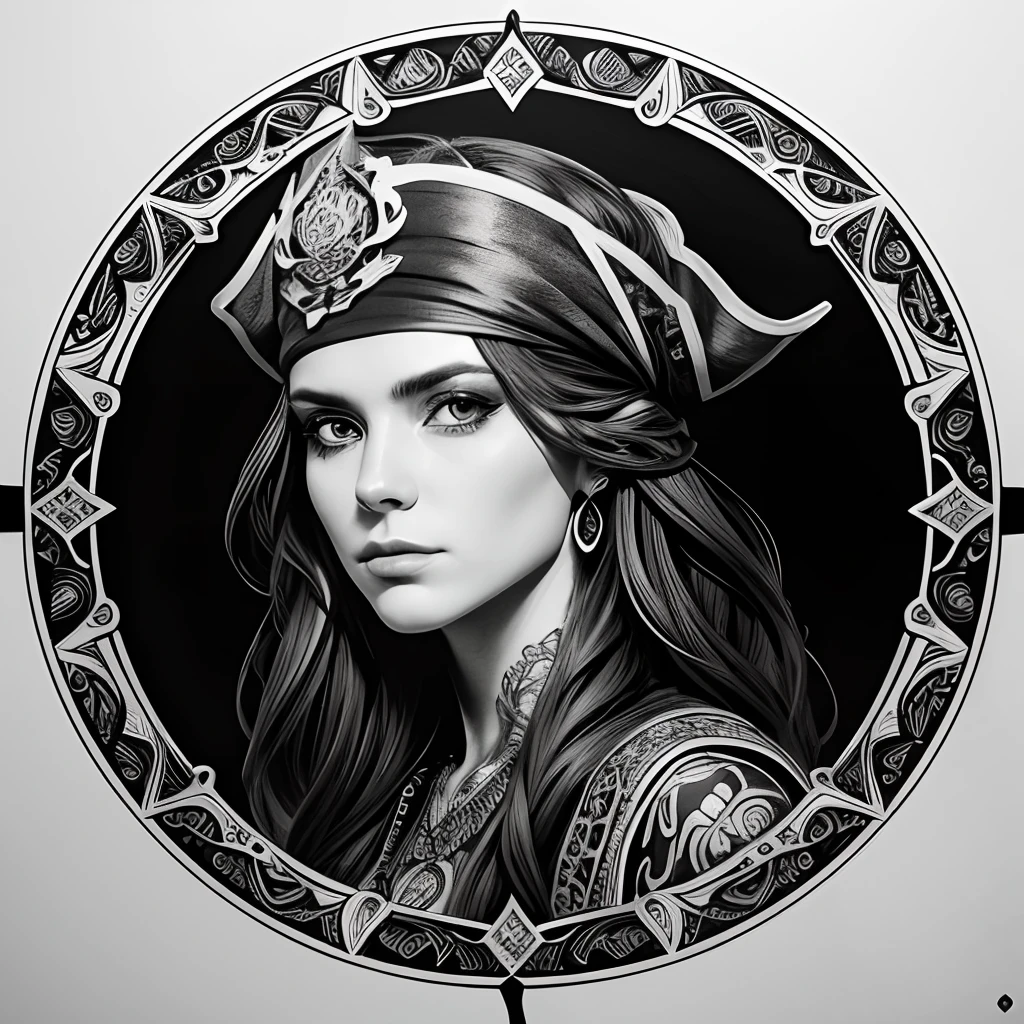Centred potrait of a female Pirate, black and white, zentangle (best quality) ultra-detailed, fine line drawing, fine line art, coloring book illustration style, intricate linework, highly detailed illustration, perfect composition, beautiful and stunning, dynamic angle, high contrast, incredible shading, incredible detail, unique style, black and white details, (dark and mystical atmosphere), intricate and detailed nature elements.