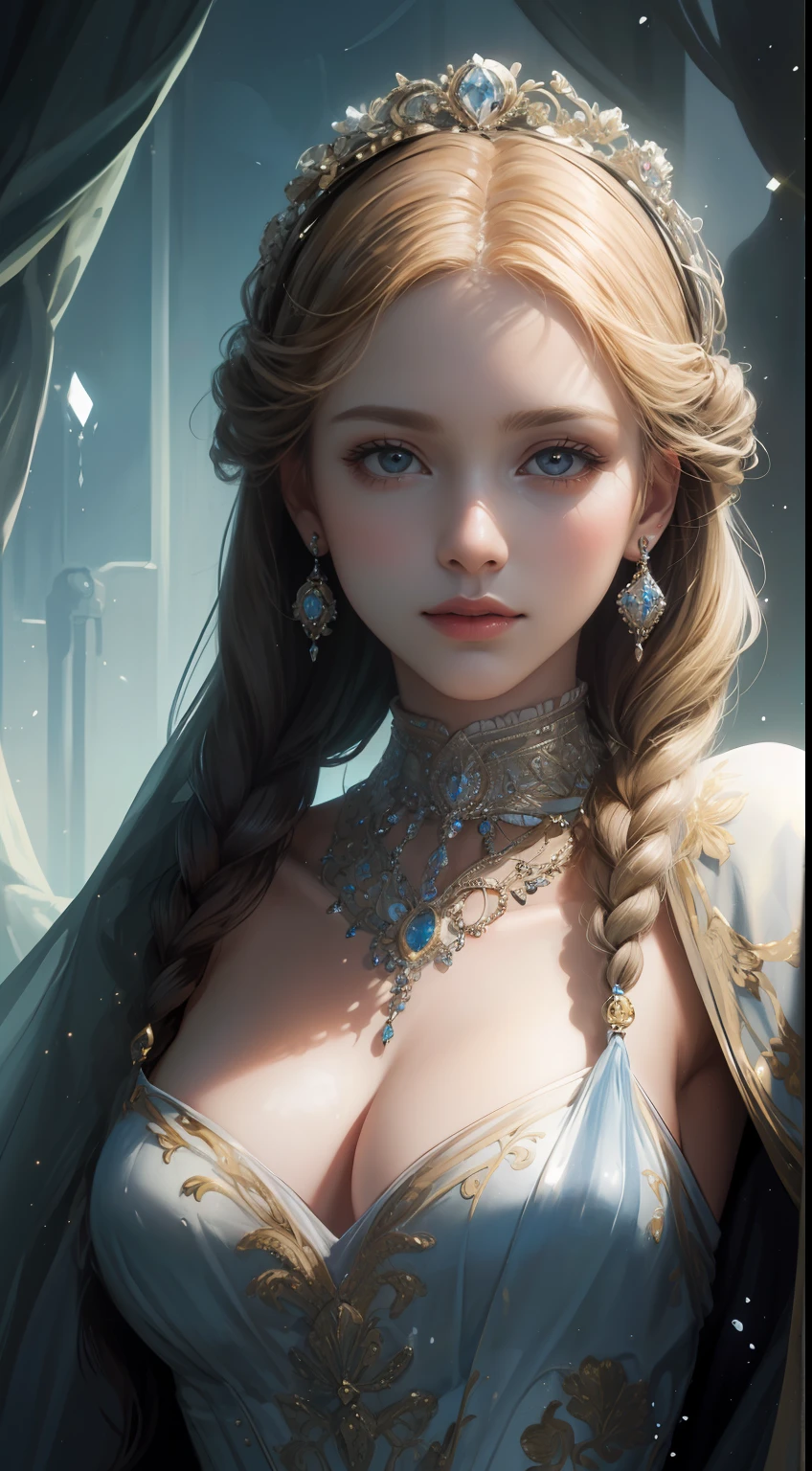 (Ultra-high quality masterpiece，Beautiful bust of an 18-year-old noble girl，Classical braids，The eyes are shiny and clear，Floral craftsmanship，Crystal jewelry，Ultra-fine details，Soft lighting)