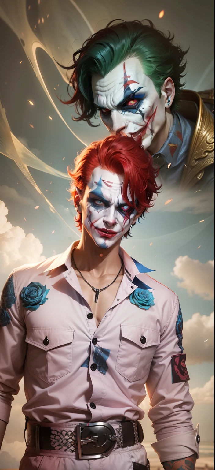 Boy With handphone futuristic Devi background realistic joker face , bule red hair ultra high quality HD