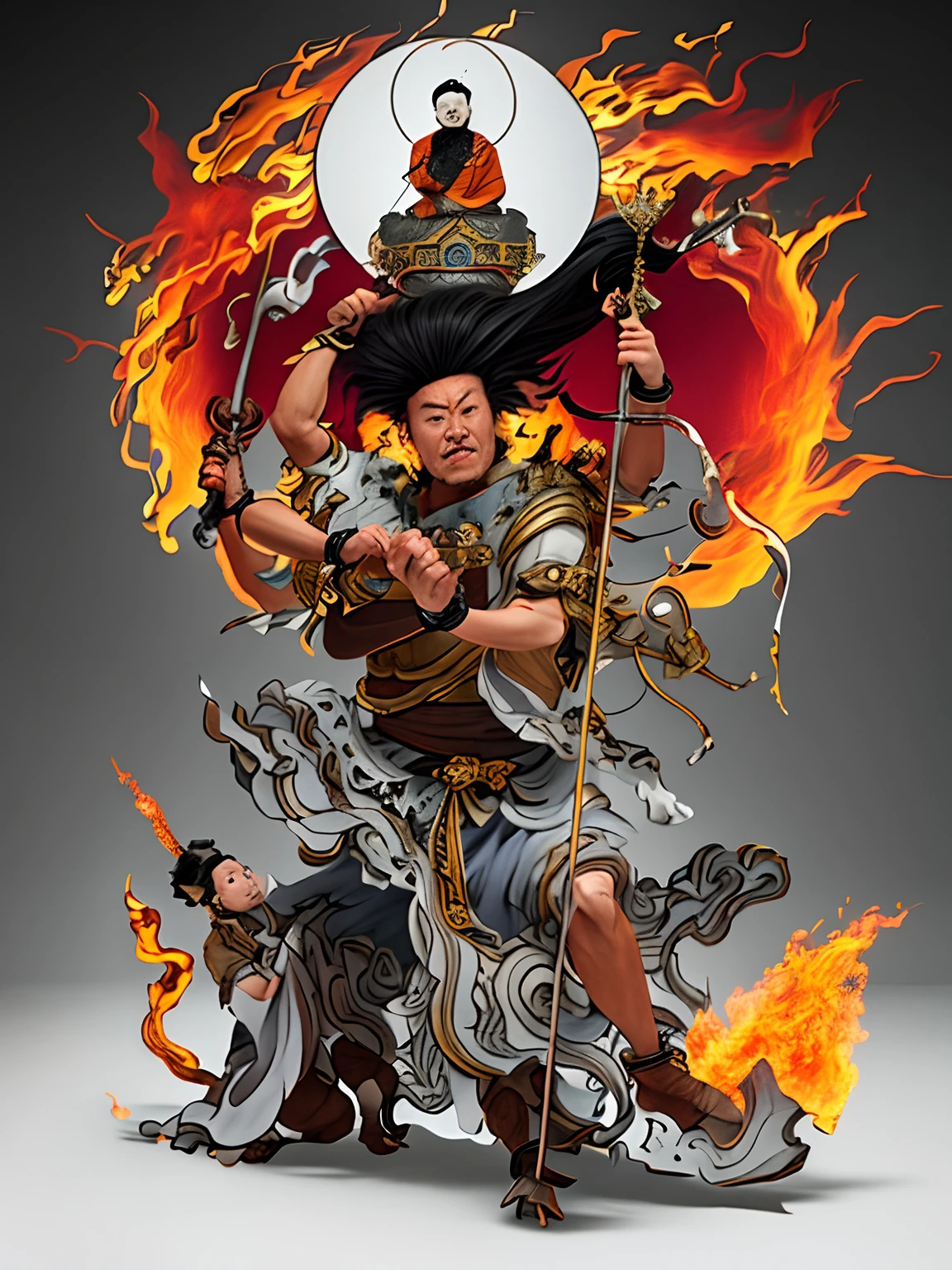 Angry King Ming,Be strong and brave,Canine teeth exposed,Hair stands on end,Eight arms,He had a trident in his hand, Respectively,The sword,pestle,the bow,arrow,hand seal,Every foot was trampled underfoot,The silhouette of the body is on fire,Hot,Light, an ultrafine detailed painting, Realiy,photorealestic,professional photoshooting,tmasterpiece,超高分辨率,
