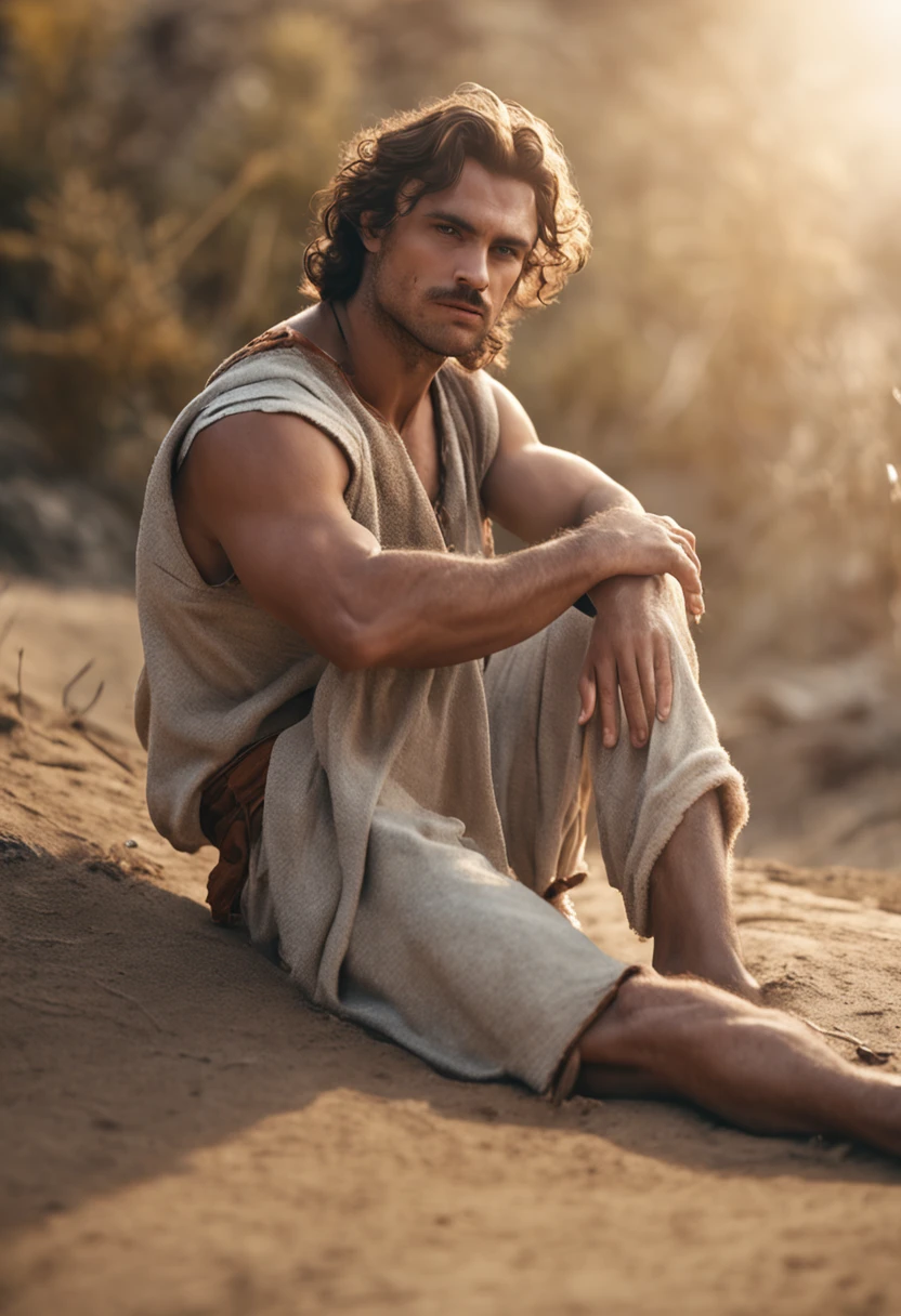 younge boy,Muscular barefoot giant,Caucasians,thick eyebrow,Ancient Greek wear,Barefoot,immensity,Fresh,brunette color hair,full bodyesbian,Lie down,Look directly at the viewer