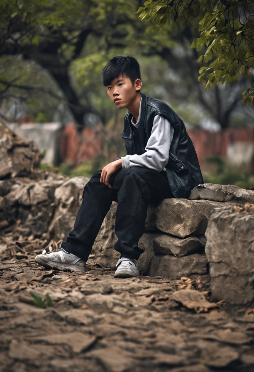 Rural Chinese agers,Full body view。Lens sensing,Determination、adolable,The Chinese teen was playing in the graveyard,His hair is dark,There is a flaky cemetery。8K quality,Landscape Photography,Gangnam Junior