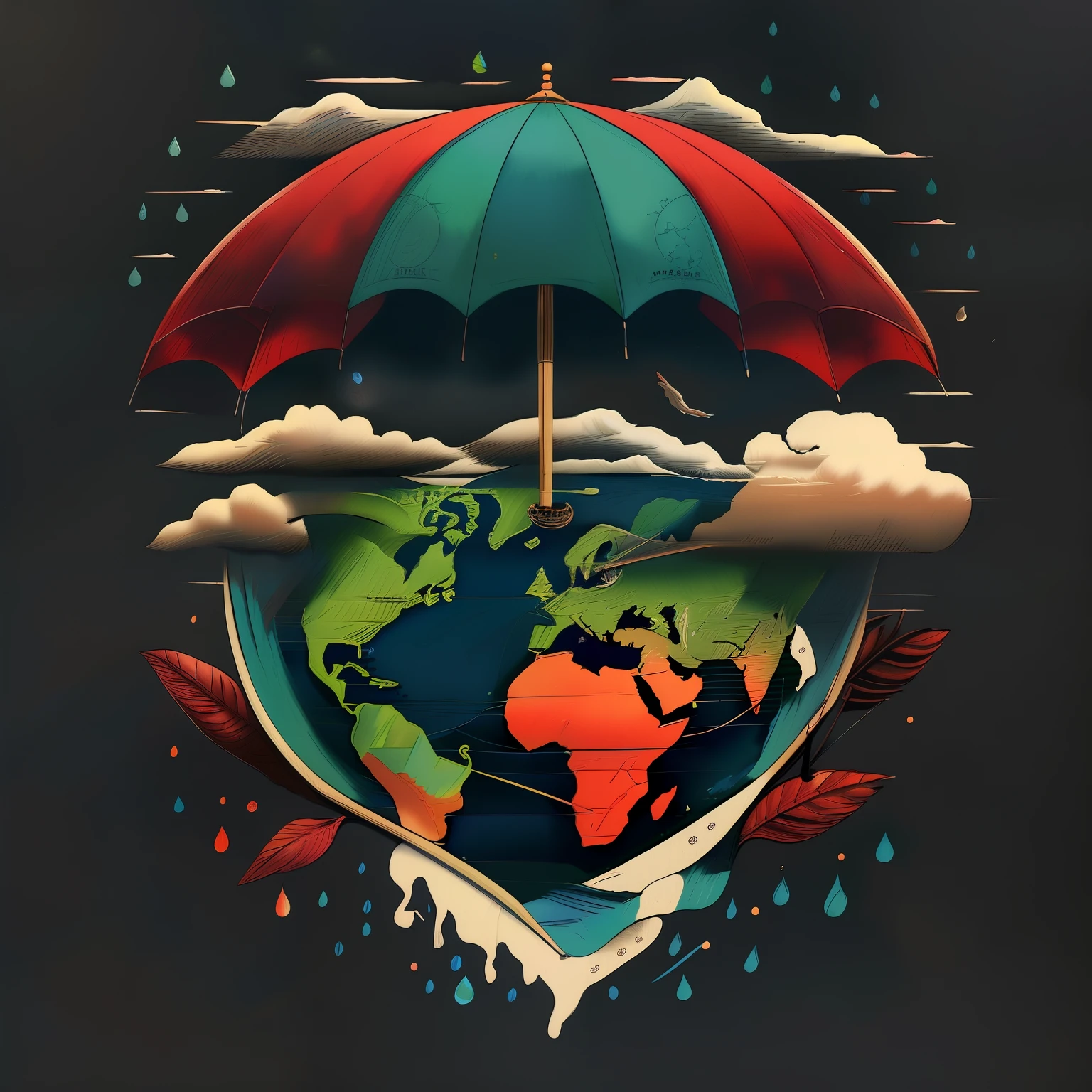 there is a picture of a picture of a globe with an umbrella, highly detailed illustration, highly detailed illustration.”, a beautiful artwork illustration, very detailed illustration, beautiful detailed illustration, ultra detailed illustration, high detailed illustration, in style of cyril rolando, detailed 2d illustration, mother earth, inspired by Cyril Rolando, the world, the last rain on earth