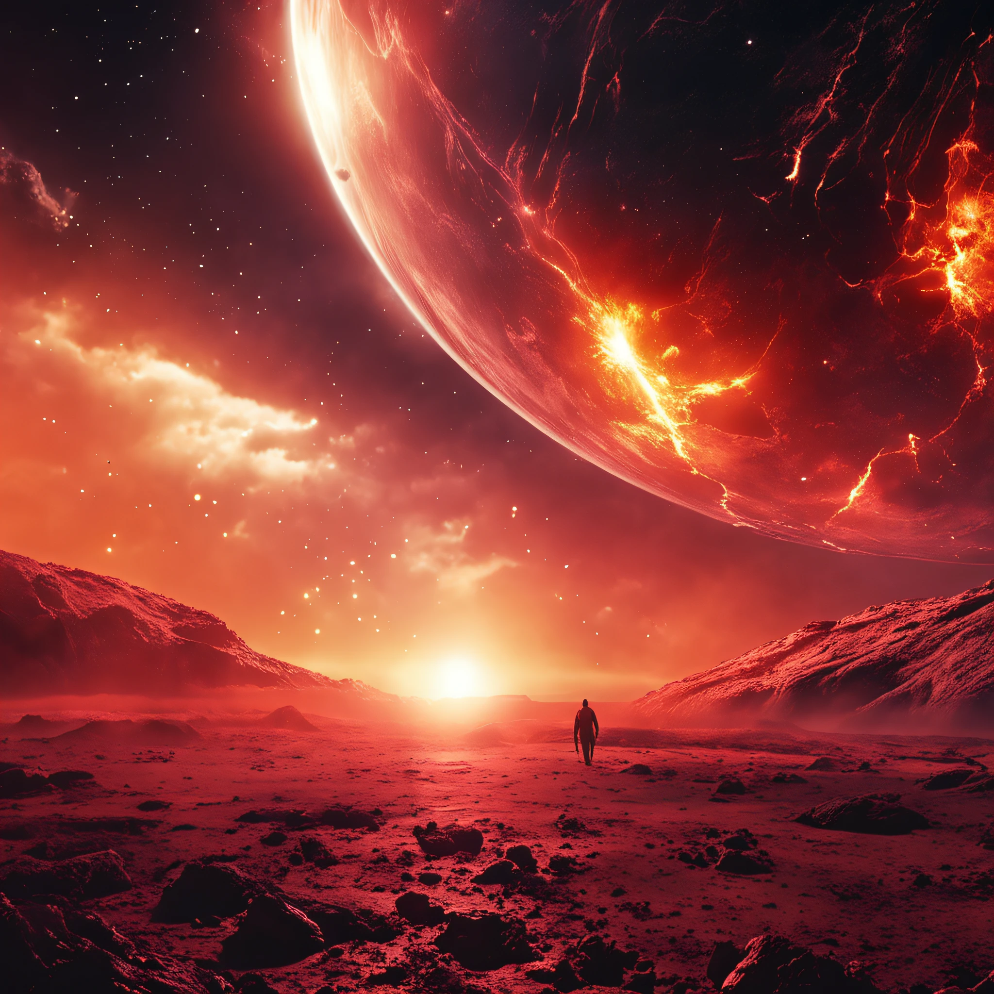 ((Best quality)), ((Masterpiece)), (dramatic scene), The Earth and the Sun collapse into black holes like the Sun, (Latter-day lighting:1.3), The sun darkens when ejected, (Epic composition:1.2), Earth bathed in red light, (CG animation:1.1), Flames and debris are inhaled, (Emergency atmosphere:1.2), People fleeing by boat, (movie atmosphere:1.3), Nebulae and galaxies in the background, (High contrast:1.1), (8K resolution:1.0),Five verses