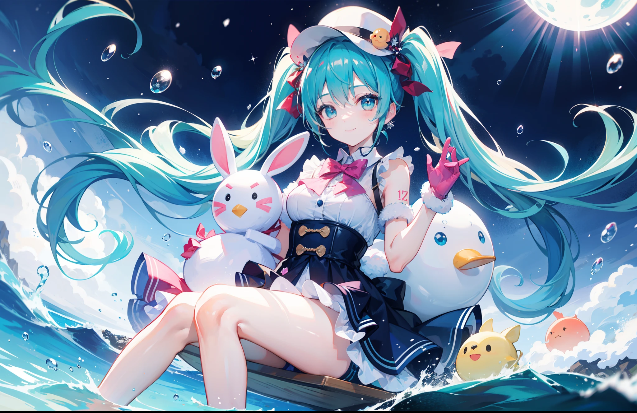 1girl,air_bubble,animal,aqua_hair,aurora,blue_hair,bow,bowtie,bubble,bunny,dolphin,fish,gloves,hat,long_hair,night,night_sky,pink_bow,pink_bowtie,ribbon,sitting,smile,snow,snowflakes,snowing,snowman,soaking_feet,solo,splashing,star_(sky),stuffed_animal,stuffed_toy,twintails,underwater,very_long_hair,water,hatsune_miku,rabbit_yukine,yuki_miku