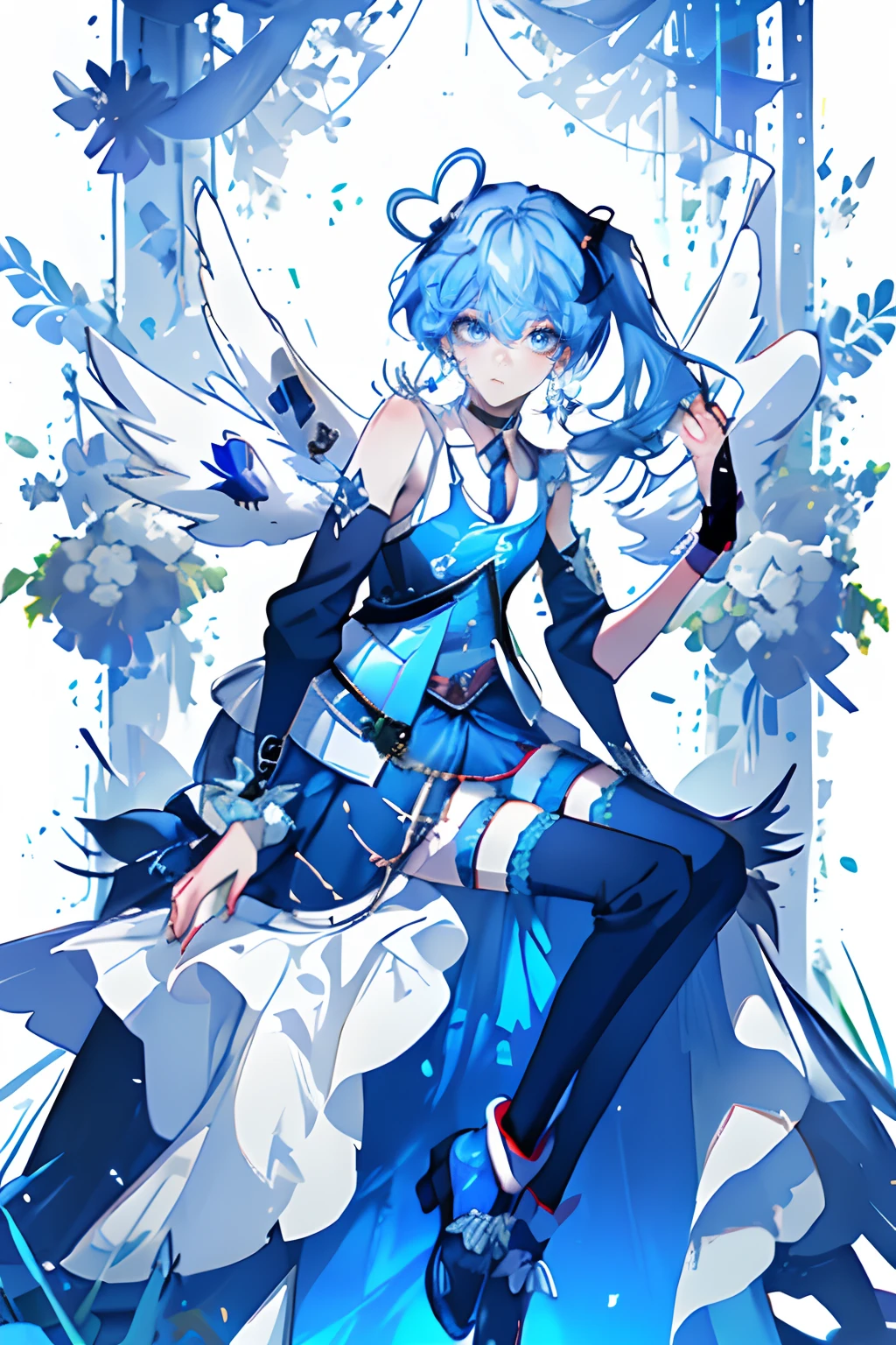 masterpiece, best quality, highres, heart hair ornament, ba1, 1boy, solo, jewelry, necktie, skirt, sleeveless, blue necklace, choker, black thighhighs, shirt, Blue jacket, blue shorts , skirt_tail, wings, four-leaf clover_facial_tattoo, sitting, on stage , Ponytail