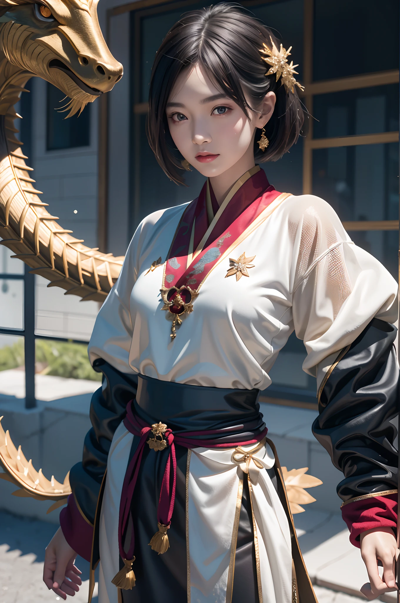 32K(tmasterpiece,k hd,hyper HD,16k)Flowing short hair,Backroom pond,zydink, a color, Asian people (Female Student), (Silk scarf), Combat posture, looking at viewert, long whitr hair, Floating hair, Hanfu, Chinese clothes, longer sleeves, (abstract ink splash:1.2), white backgrounid,Kirin Beast Protector (realisticlying:1.4),,Snowflakes fluttering,The background is pure, A high resolution, the detail, RAW photogr, Sharp Re, Nikon D850 Film Stock Photo by Jefferies Lee 4 Kodak Portra 400 Camera F1.6 shots, Rich colors, ultra-realistic vivid textures, Dramatic lighting, Unreal Engine Art Station Trend, cinestir 800,
