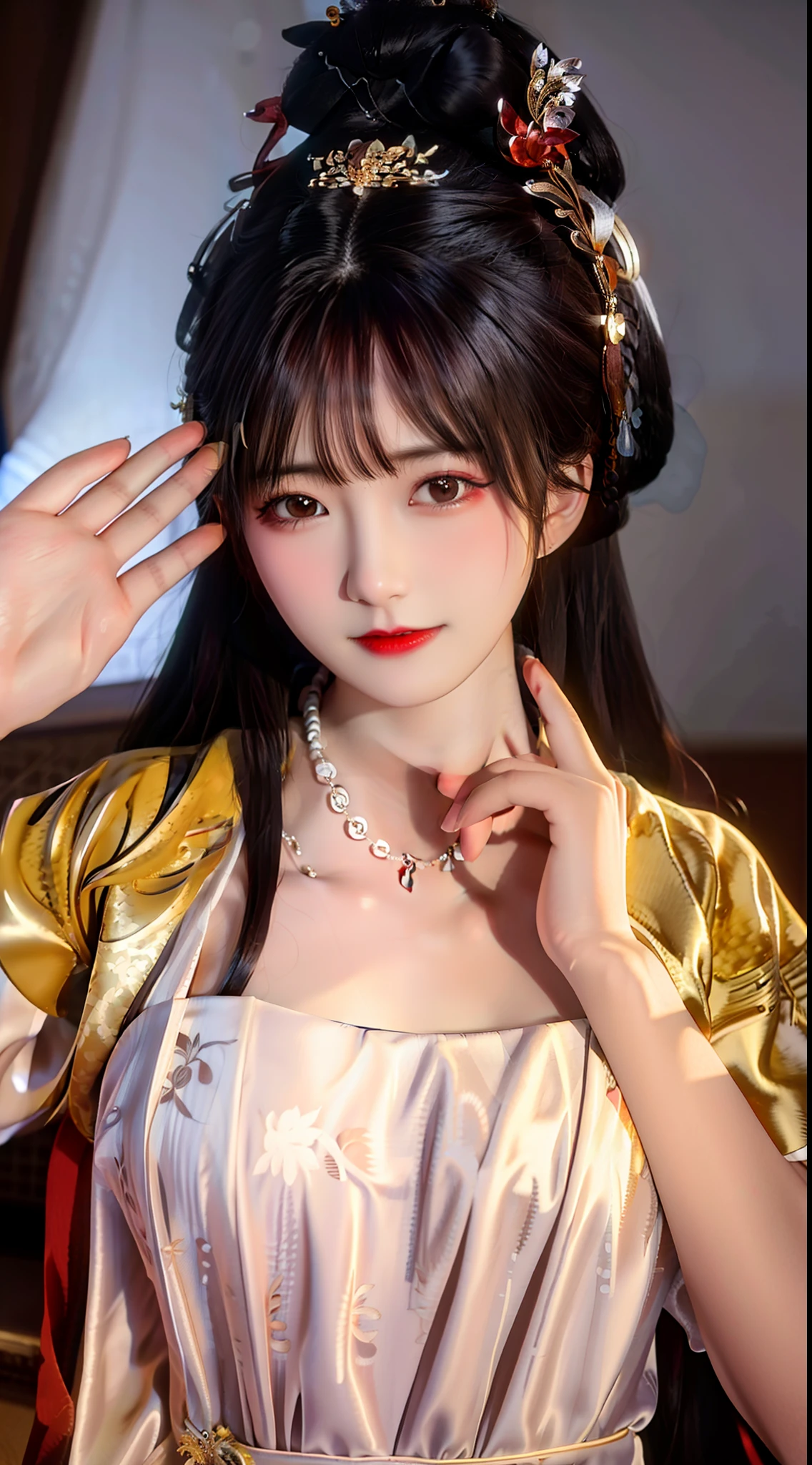 best quality, masterpiece, highres, 1girl, china dress, hair ornament, necklace, jewelry, Beautiful face, upon_body, tyndall effect, photorealistic, dark studio, rim lighting, two tone lighting, (high detailed skin:1.2), 8k uhd, dslr, soft lighting, high quality, volumetric lighting, candid, Photograph, high resolution, 4k, 8k, Bokeh, medium breasts,