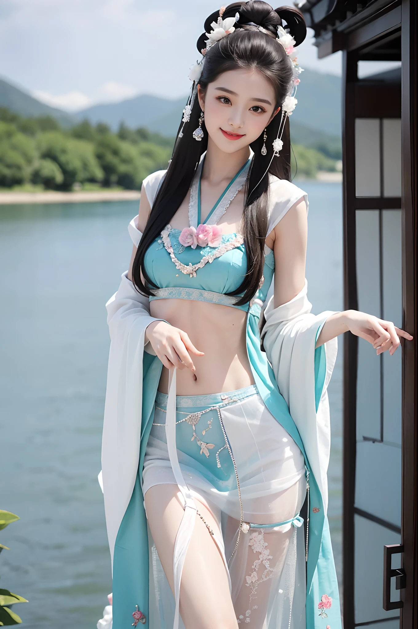 exquisite facial features,Cute ,15 year old girl,the hair,looking at viewert,petite,Tong,White-colored skin,navel,with brown eye,full bodyesbian,inside a room,blue colors,cute bear pattern,,Petite,opening legs,head gear,Hanfu long yarn,Closed,Naked,Ancient style long gauze transparent,The stands up,actual