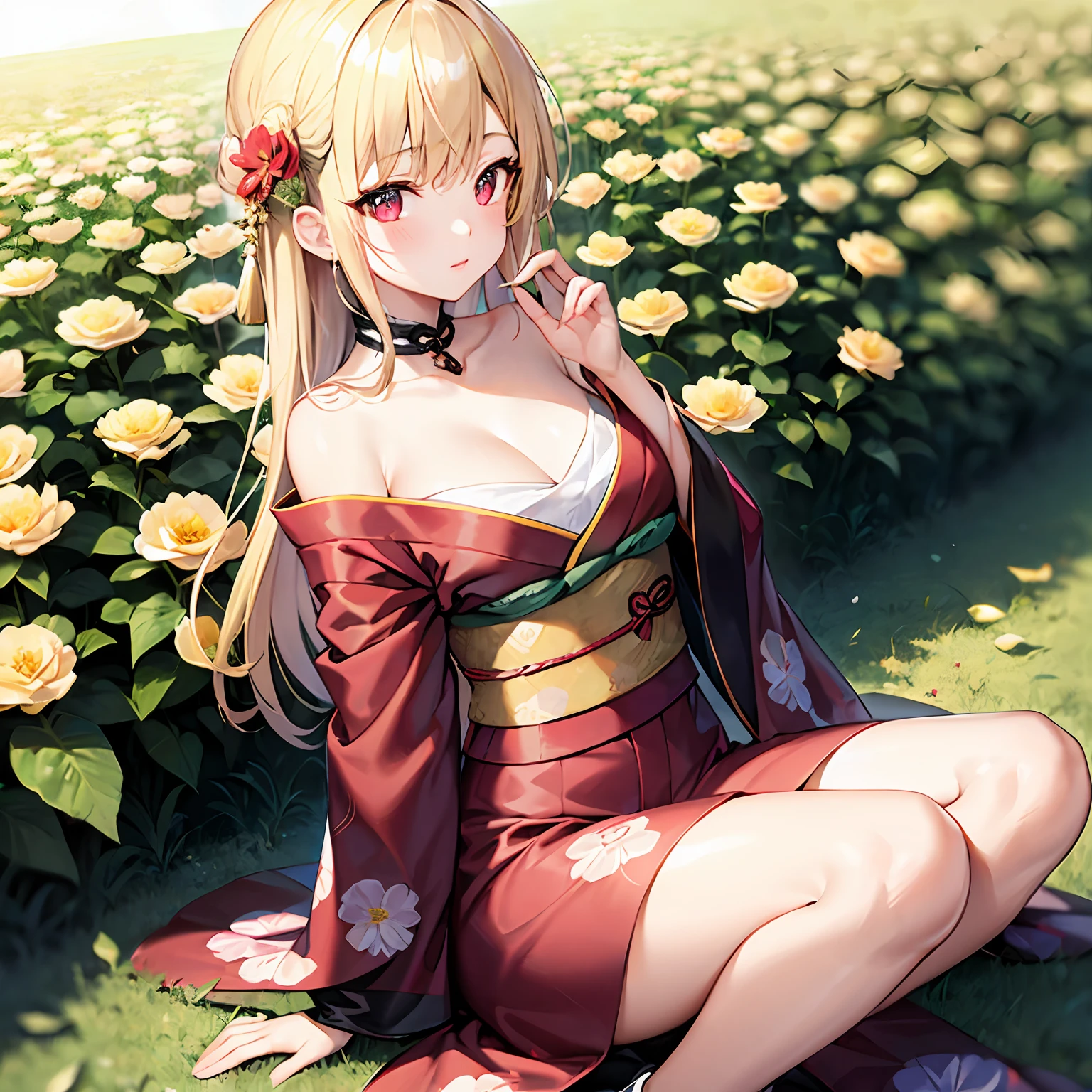 score_9, score_8_up, score_7_up, score_6_up, uncensored, angelica, blonde hair, braid, red eyes, BREAK (masterpiece:1.2), best quality, high resolution, (beautiful detailed eyes:1.3), perfect lighting, (perfect hands, perfect anatomy), large breasts, sitting, thighs, outdoors, japanese clothes, sky, barefoot, day, wide sleeves, kimono, water, flower, spotlight, tree, legs, sash, bare legs, obi, crossed legs, nature, black kimono, short kimono, reflective, fireflies,