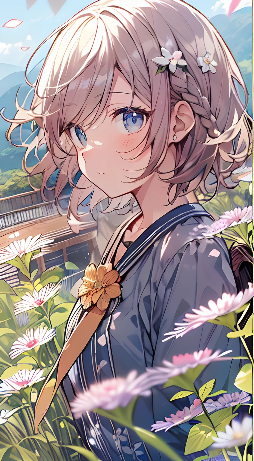 masutepiece, Best Quality,Illustration, Wallpaper, Ultra Detail, Absurd beauty、1 beautiful girl、 (Medium short hair、short braided hair), Beautiful ultra-detailed eyes , Hair fluttering in the wind、Keep your head small、flower  field、great outdoors