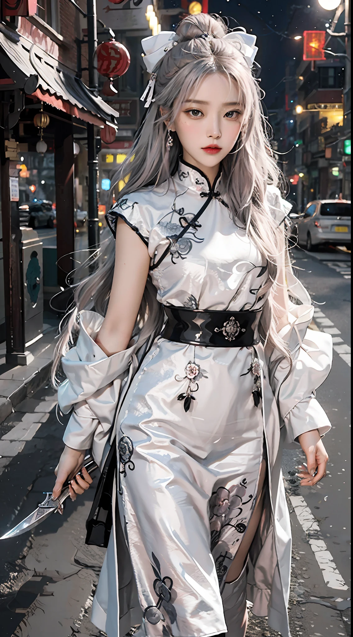 Masterpiece, Best Quality, Night, Full Moon, 1 Girl, Mature Woman, Chinese Style, Ancient China, Sister, Royal Sister, Cold expression, expressionless face, Silver white long haired woman, Light pink lips, Calm, Intellectual, Three belts, Gray pupils, Assassin, Short knife, Flower ball background, Strolling in the street scenery
