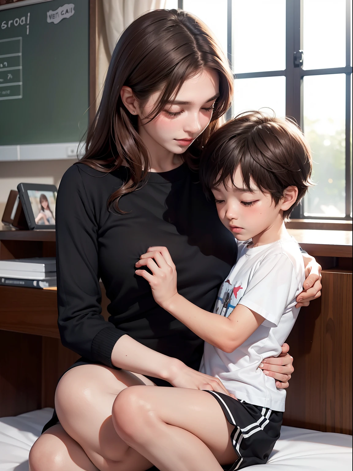 "The mother nurtures the curiosity of her son, Gentle family moments, Knee comfort, Educational bonds, Happy learning, Black shorts, White skirt, Classroom setup."16 little boys, Saw mom wearing bedtime shorts, Bedroom, during night, beauttiful stars, blushed cheeks, Brown hair, Adorable, Cute, wholesome, Sleeping, A night light glows, Soft lights, photograph realistic, Ultra detailed, 1 Mom, 1boy, 1child, (Best quality, Masterpiece,)