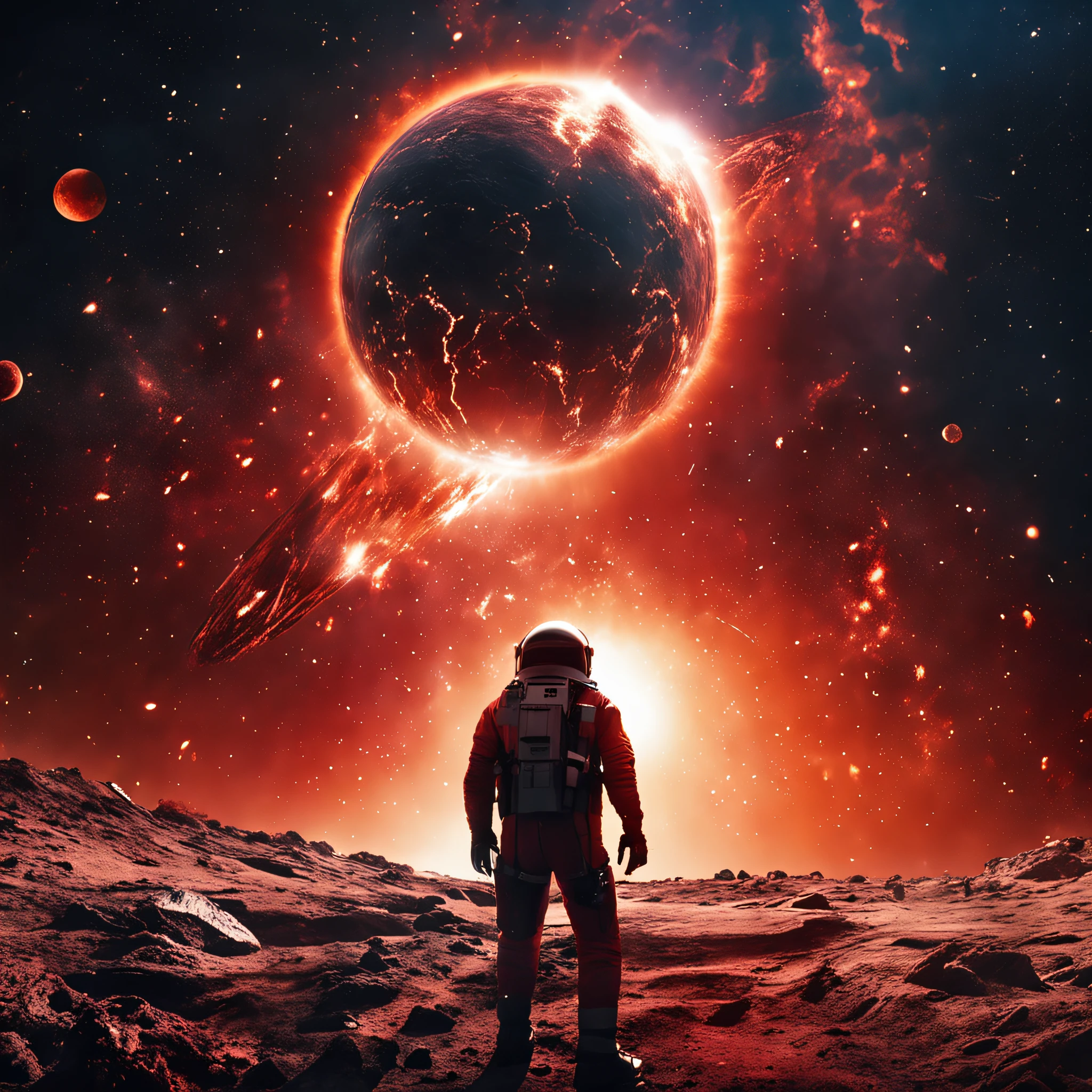 ((Best quality)), ((Masterpiece)), (dramatic scene), The Earth and the Sun collapse into black holes like the Sun, (Post lighting:1.3), The sun dims when it pops out, (Epic composition:1.2), Earth bathed in red light, (CG animation:1.1), Flames and debris are inhaled, (Emergency atmosphere:1.2), The spacecraft was evacuated urgently，Open the space wormhole，people fleeing, (movie atmosphere:1.3), Nebulae and galaxies in the background, (High contrast:1.1), (8K resolution:1.0),