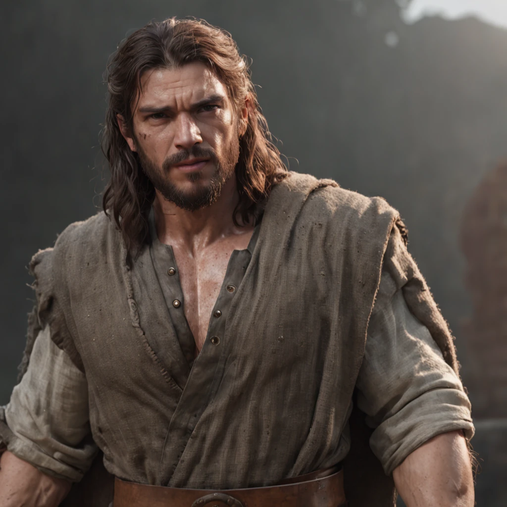 (Professional 3D rendering:1.3) de (Realistic:1.3) Foto de arte mais bonita do mundo，Features soft, bright male heroes, ((Epic hero fantasy rough muscular man wet hero angry look long hair short beard and fierce expression in dynamic pose, fantastic location, majestoso ambiente desordenado)), corpo inteiro 8k unidade render, action shot, poros da pele, very dark lighting, sombreamento pesado, circunstanciado, Rosto detalhado, (vibrante, fotogrdeia realista, Realistic, Dramatic, Escuro, foco nítido, 8k), (Old leather clothes damaged by bad weather:1.4), ((((Use peles)))), (intrincado:1.4), decadente, (altamente detalhado:1.4), pintura digital, rendering by octane, art stations, Conceito-Arte, liso, foco nítido, illustration, germe da arte, (Loish:0.23), Wlop Ilya Kuvshinov, e Greg Rutkowski e Alphonse Mucha Gracias, (global ilumination, studiolight, Light Volumetric), chuva forte, floating particles, patife, fantasia, Onze, corpo inteiroesbian, ((Fundo escuro e antigo da cidade:1.3)),CGSesociedade,art stations