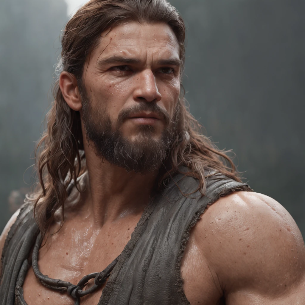 (Professional 3D rendering:1.3) de (Realistic:1.3) Foto de arte mais bonita do mundo,Features soft, bright male heroes, ((Epic hero fantasy rough muscular man wet hero angry look long hair short beard and fierce expression in dynamic pose, fantastic location, majestoso ambiente desordenado)), corpo inteiro 8k unidade render, action shot, poros da pele, very dark lighting, sombreamento pesado, circunstanciado, Rosto detalhado, (vibrante, fotogrdeia realista, Realistic, Dramatic, Escuro, foco nítido, 8k), (Old leather clothes damaged by bad weather:1.4), ((((Use peles)))), (intrincado:1.4), decadente, (altamente detalhado:1.4), pintura digital, rendering by octane, art stations, Conceito-Arte, liso, foco nítido, illustration, germe da arte, (Loish:0.23), Wlop Ilya Kuvshinov, e Greg Rutkowski e Alphonse Mucha Gracias, (global ilumination, studiolight, Light Volumetric), chuva forte, floating particles, patife, fantasia, Onze, corpo inteiroesbian, ((Fundo escuro e antigo da cidade:1.3)),CGSesociedade,art stations