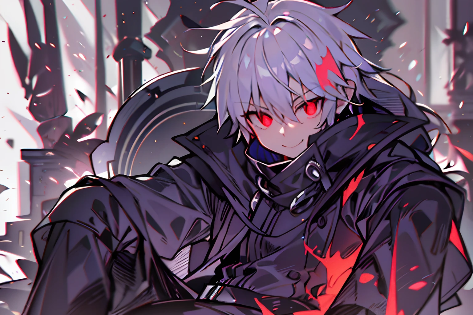 （close range）,Anime boy with white hair and red eyes stares at camera, Glowing red eyes,slim, dressed in a black outfit,Shadow Body,monochromes,hair messy,Aggressive smile,sitting in a throne