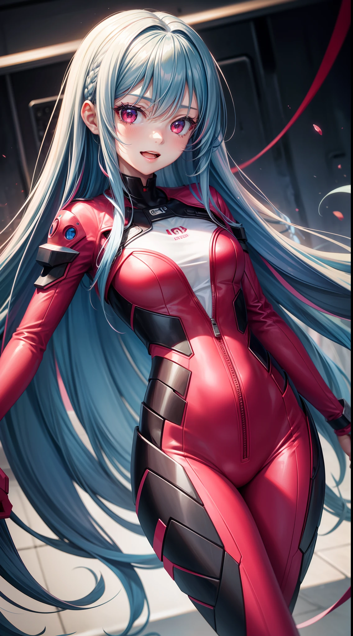 young girl, long blue hair, red eyes, ssmile, opened mouth, pink plugsuit, Masterpiece, hiquality