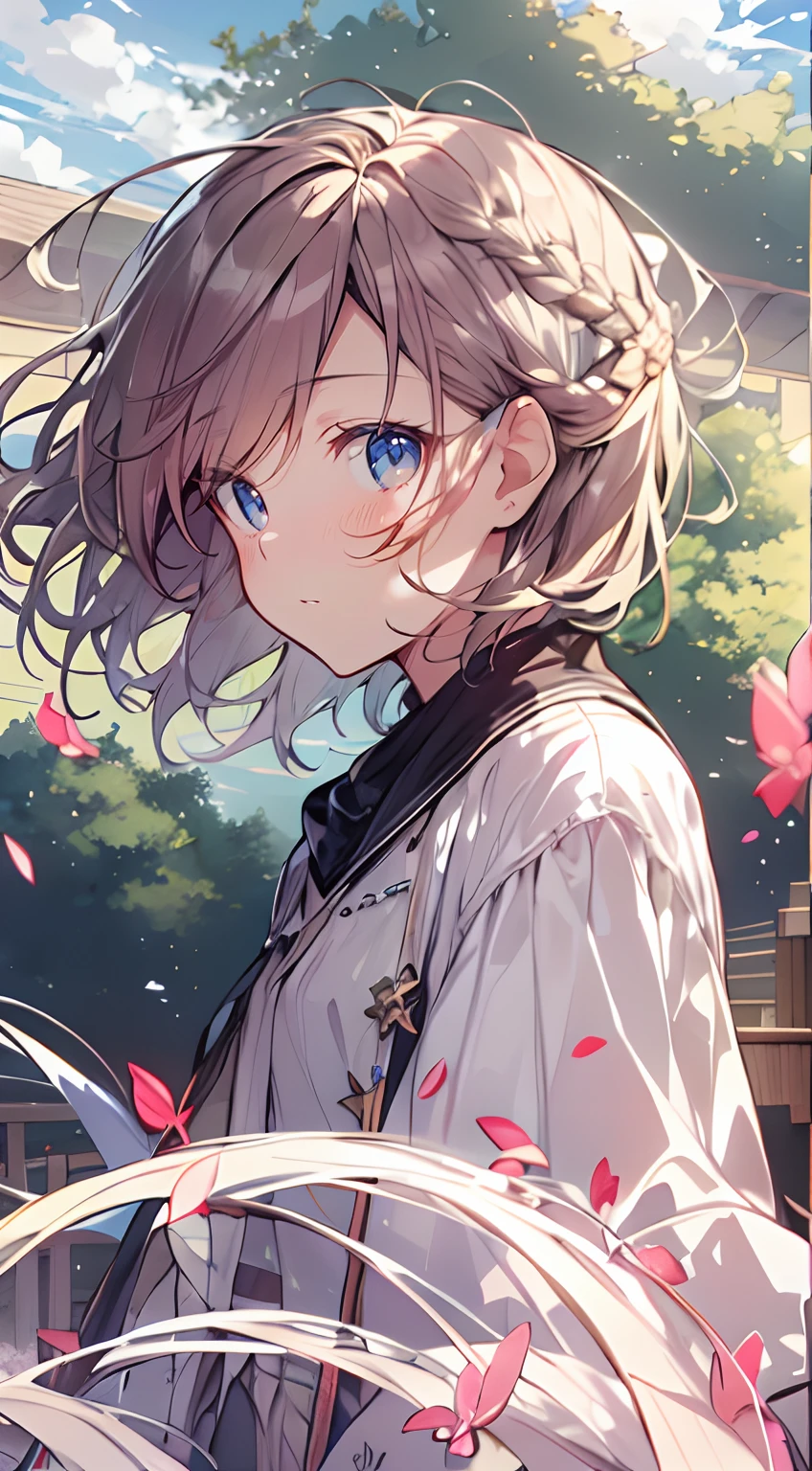 masutepiece, Best Quality,Illustration, Wallpaper, Ultra Detail, Absurd beauty、1 beautiful girl、 (Medium short hair、short braided hair), Beautiful ultra-detailed eyes , Hair fluttering in the wind、Keep your head small、Beautiful natural scenery