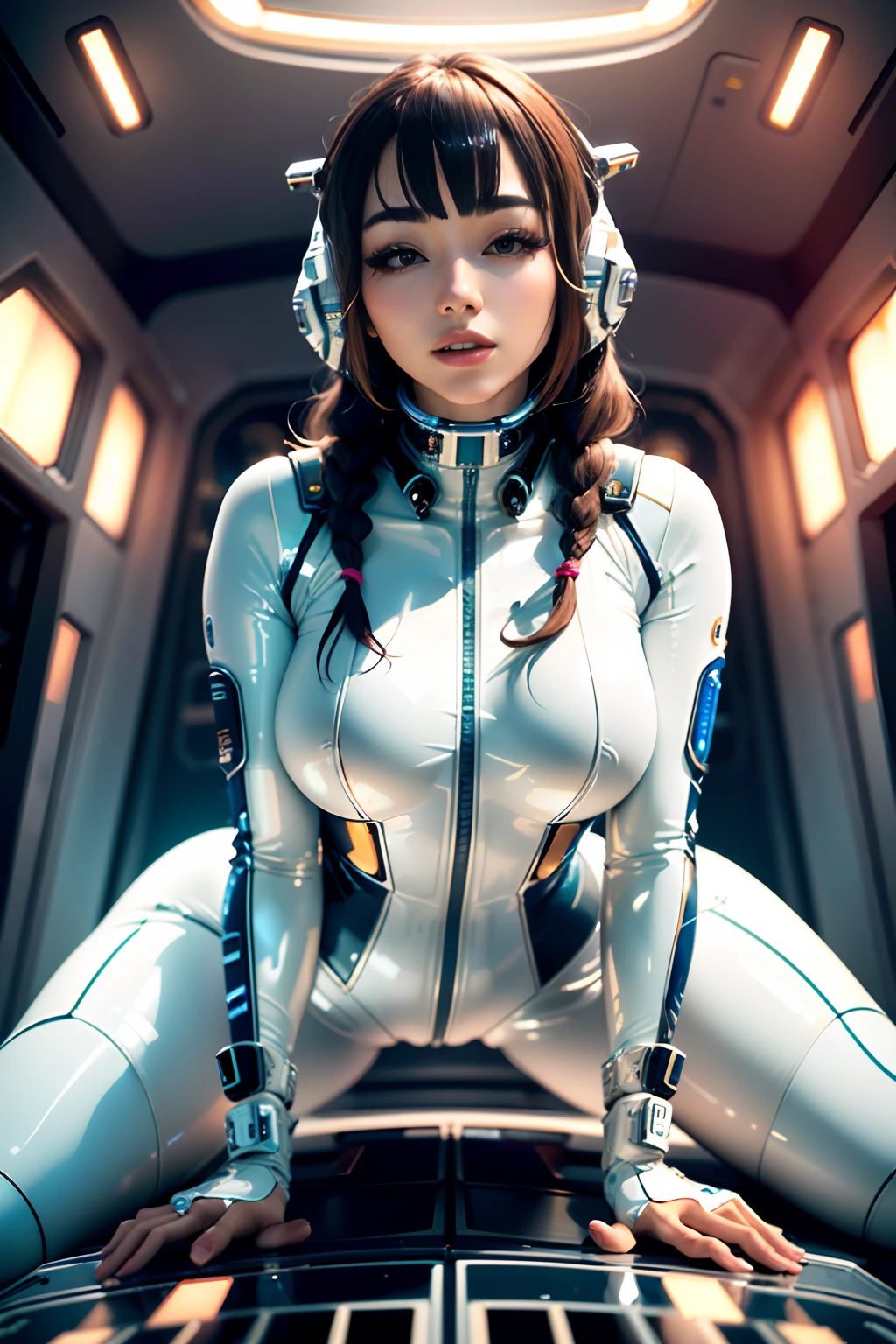 (best quality:1.6), (masterpiece:1.2), (intricate detailed:1.1), highres, delicate, scifi, space, (detailed inside spaceship:1.4), (low lux:1.5), beautiul cute 20 years old korean girl, (tight white latex bodysuit:1.4), braided_bangs, Sleepy_face, all_fours, small head, (large breasts:1.2),