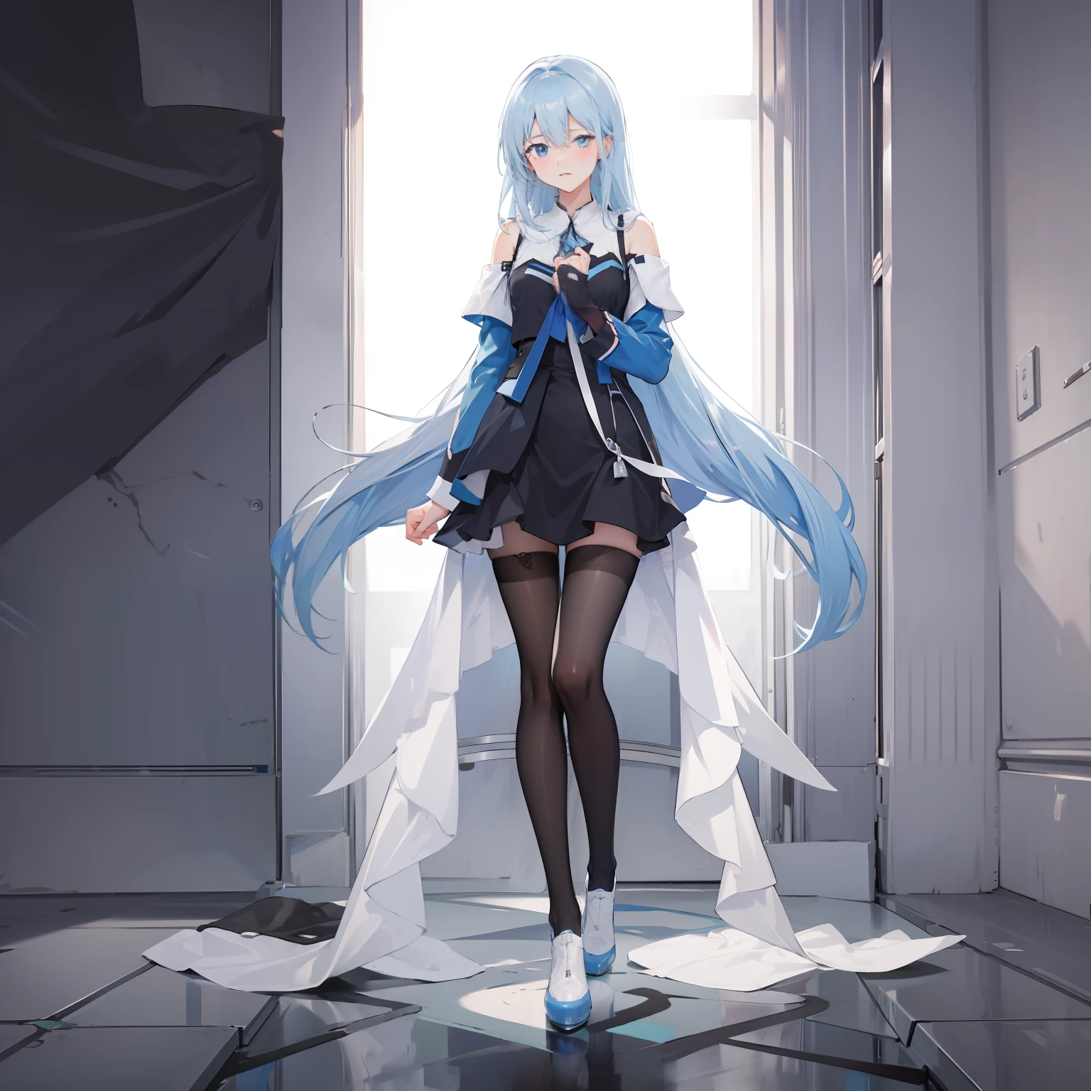 Sky blue pupils，The left and right eyes coincide，black lence stockings