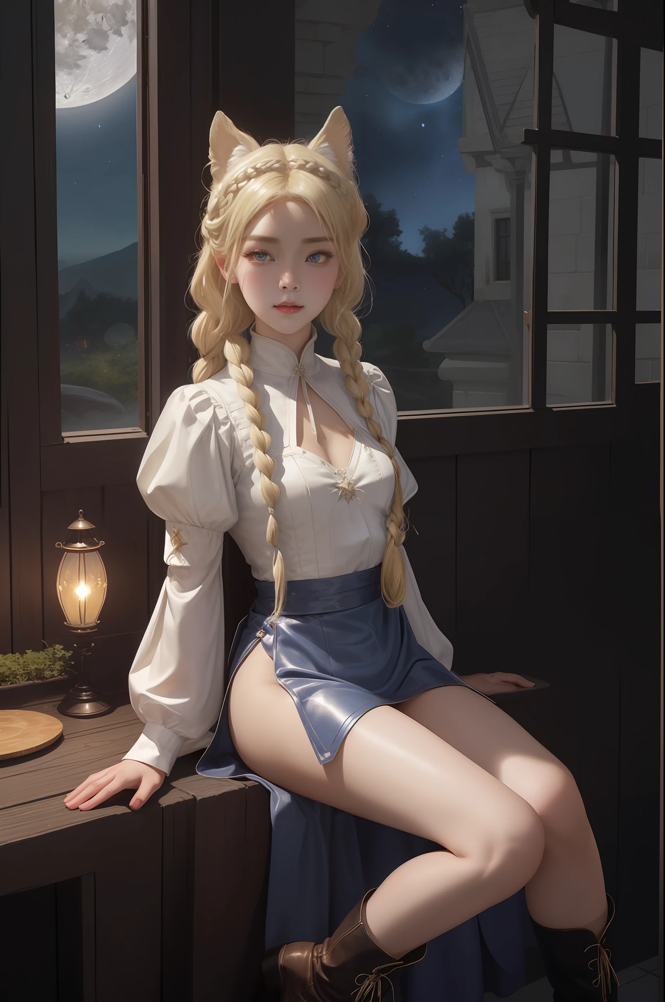 Top image quality、​masterpiece、myth、Leyendecker's style、夏天、Lunar surface、Nordic beautiful girl、spaces 、Star 3D、The iris is blue、very thin and thin blonde eyebrows,、Smirking expression、Pretty small face、Light makeup、Two cat ears on the head、platinum-blonde-hair、two braids、tiny chest、Big buttocks、Sit up、Full body like、She holds a magic wand in her right hand、 Long sleeve blouse、long  skirt、Leather boots、Big stuffed rabbit、Outside the window is a big moon、streetlights、thirds rule、Ultra-wide low-angle
