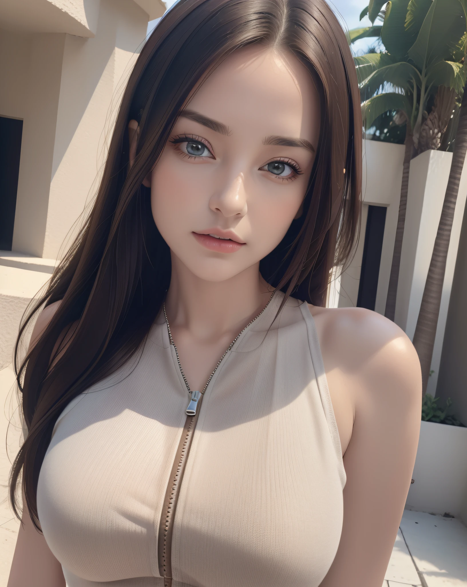 (Masterpiece, best quality, photorealistic, highres, photography, :1.3), very close-up shot, sharp focus, 1 brunette girl, European girl, hot model, highly detailed eyes and pupils, realistic skin, slim body shape, cleavage, extremely detailed hair, delicate sexy face, sensual gaze, shiny lips, ((wearing zip tank tops sweatshirt)), outdoor, ((realistic, super realistic, realism, realistic detail))