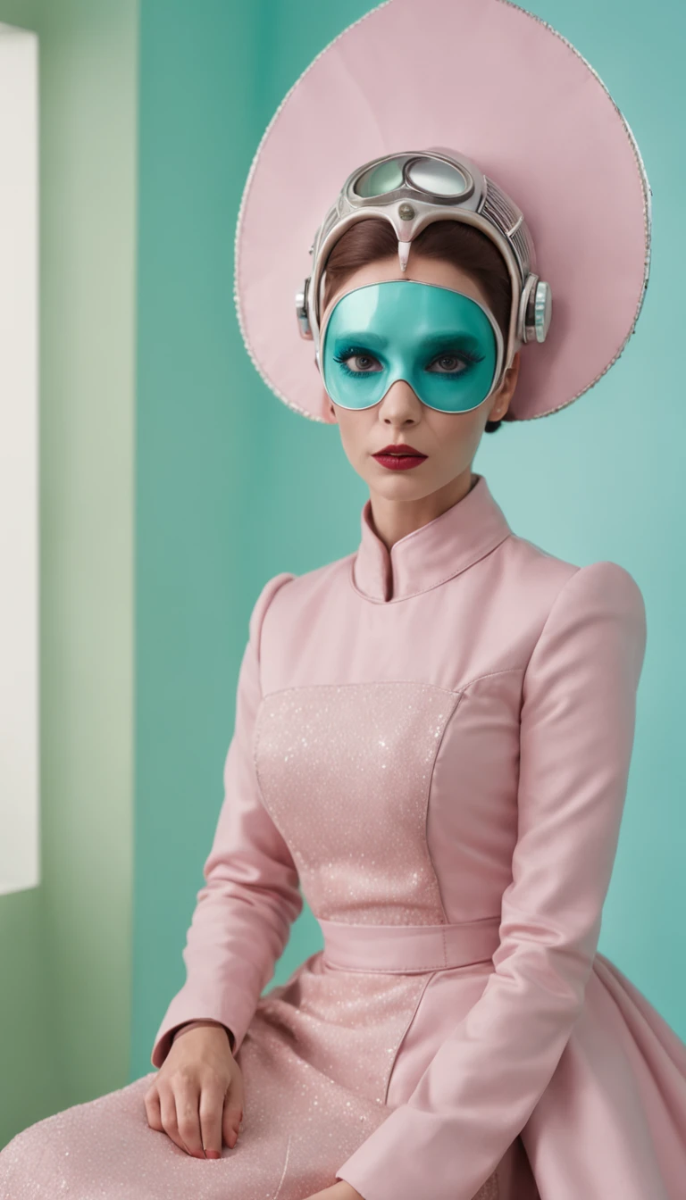 8k portrait of a 1960s science fiction film by Wes Anderson, Vogue anos 1960, rosa pastel cores, amarelo, azul, verde, There are people wearing strange futuristic chameleon masks and wearing extravagant retro fashion outfits and men and women wearing alien makeup and old ornaments with mechanical pets in the cafeteria, Luz Natural, Psicodelia, futurista estranho, fotorrealista, hiper detalhado, foco nítido, Intrinsic, Fuji filmes 55mm,